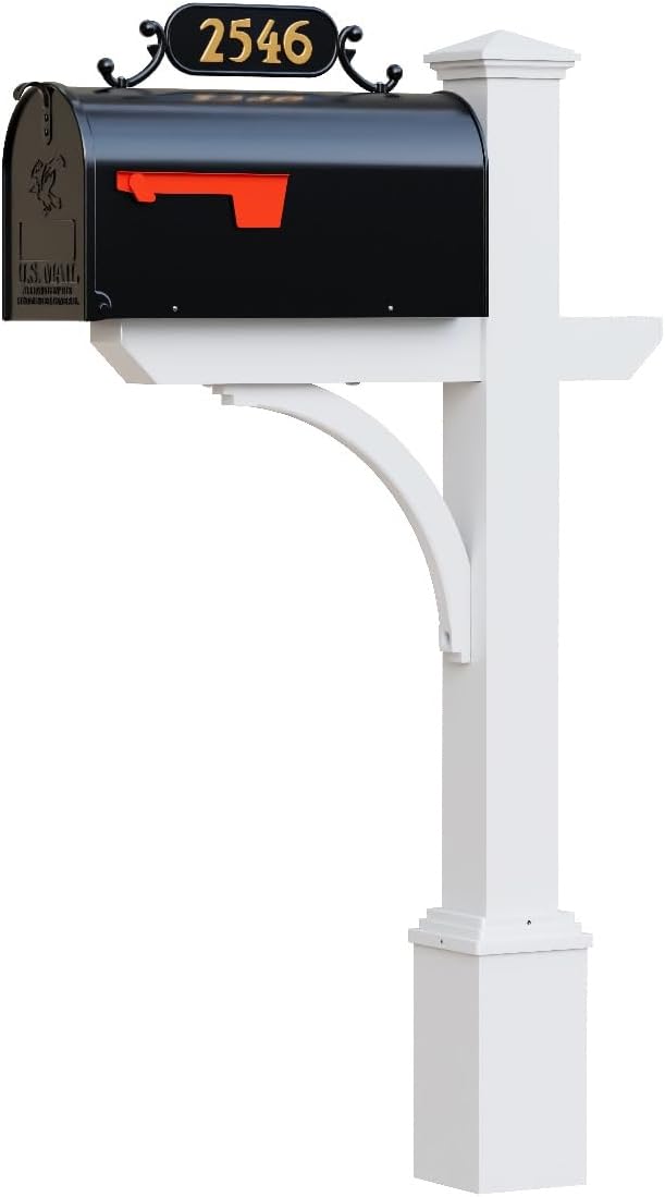 ADDRESSES OF DISTINCTION The Argonne Aluminum Mailbox Personalized System Black Mailbox with Sturdy Square White Post and Custom House Numbers Included (Argonne Large)