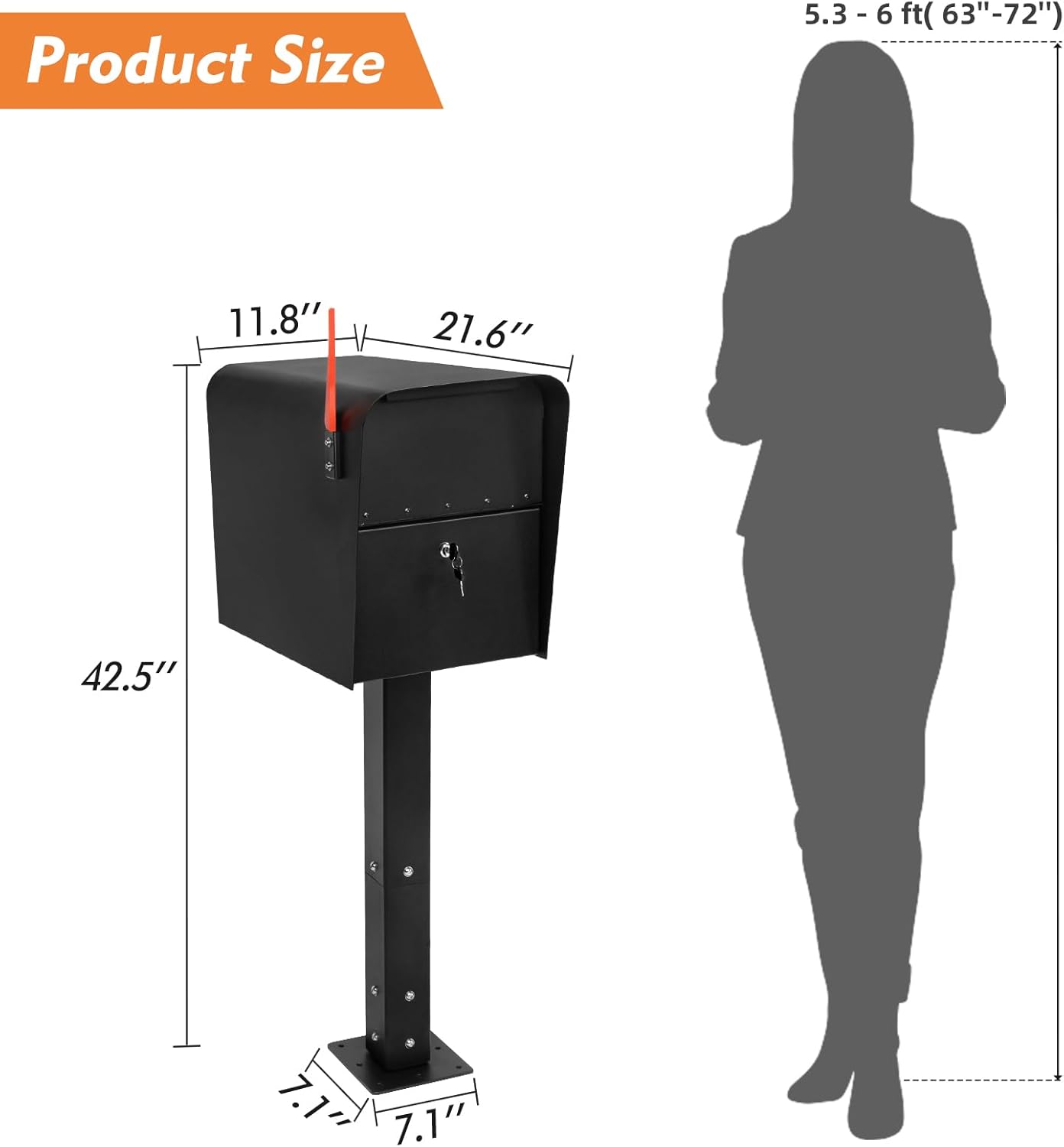 Extra Large Locking Mailbox with Post for Outside, Heavy Duty Base Plate Included, 21.6" x 11.8" x 16.5" XL Metal Mailbox and Post Combo, Weather-Resistant, Easy Assembly, Black