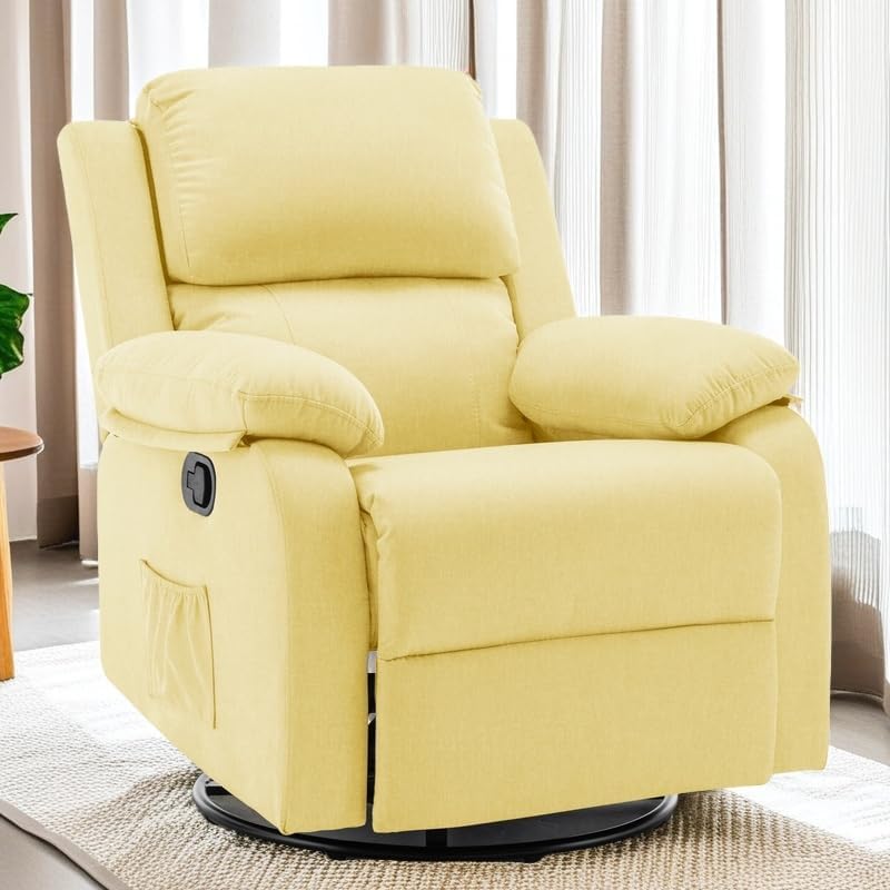 Recliner Chair, 360 Swivel Rocker Chair for Adults, Small Rocking Recliner Chair for Small Spaces, Upholstered Fabric Glider Recliner Nursery Chair with Side Pockets for Living Room, White