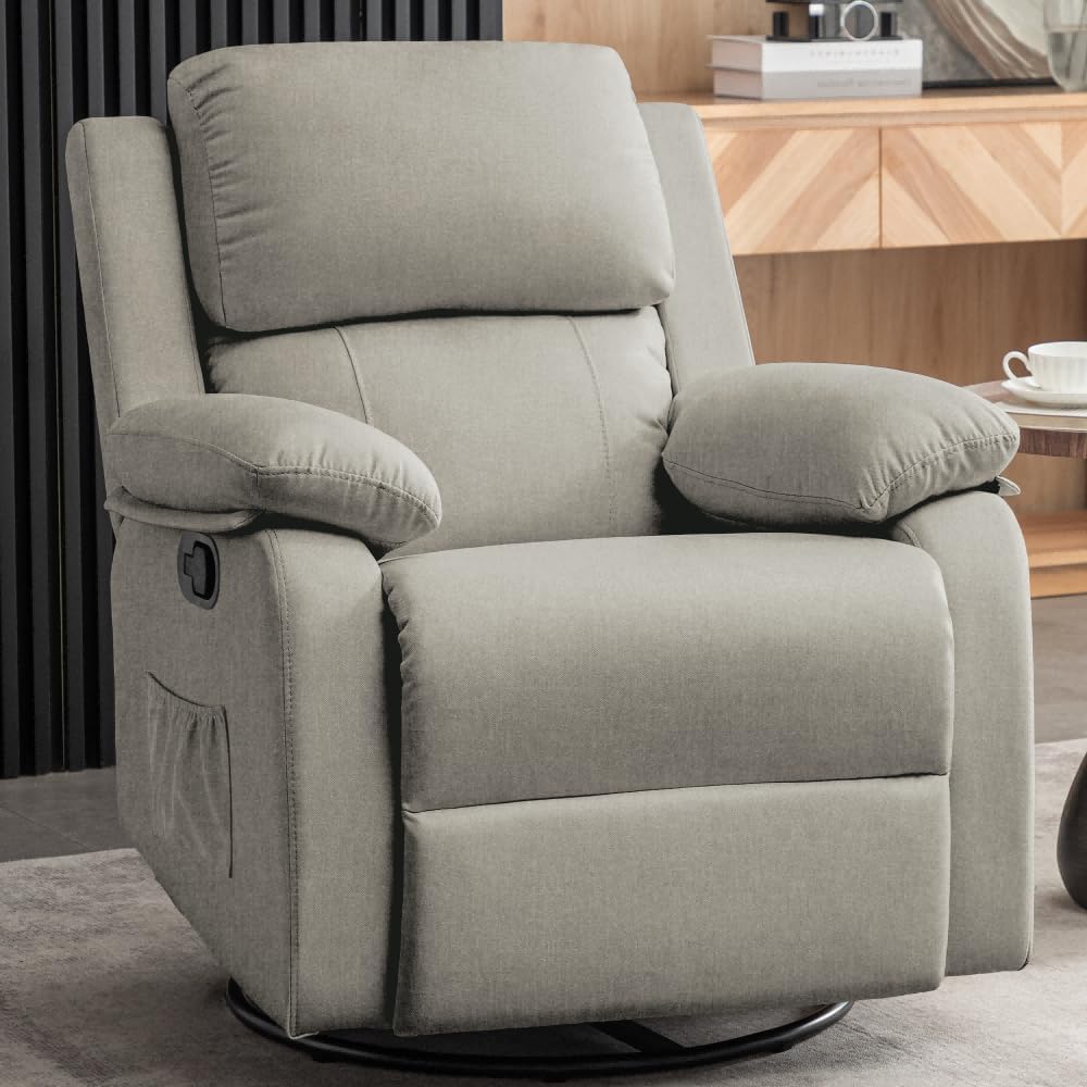 Recliner Chair, 360 Swivel Rocker Chair for Adults, Small Rocking Recliner Chair for Small Spaces, Upholstered Fabric Glider Recliner Nursery Chair with Side Pockets for Living Room, White