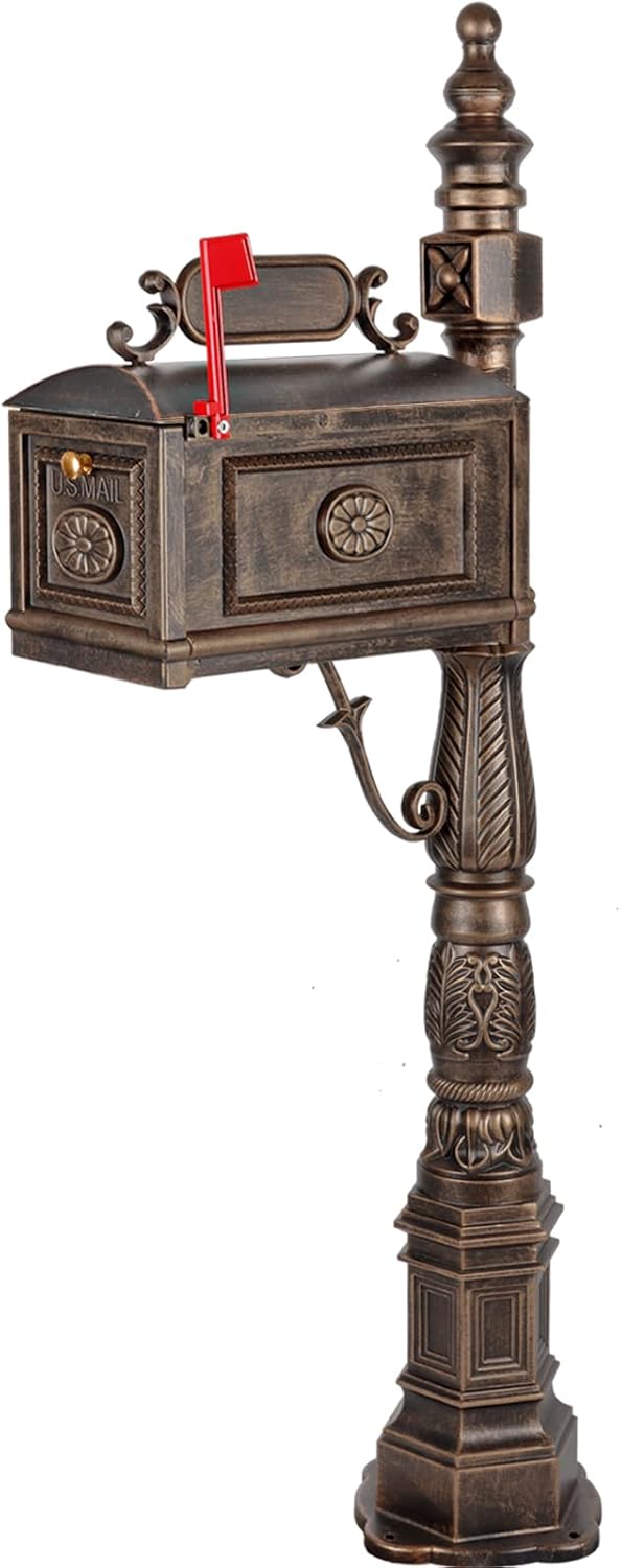 Polar Aurora Barcelona Decorative Post Mailbox Combination Stratford Heavy Duty Postal Mail Box Cast Aluminum(Black)
