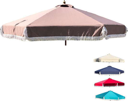 Formosa Covers 9ft 8 Ribs Replacement Umbrella Canopy w/Fringe Luxurious Bohemian Valance for Outdoor Decor, Entertainment and Poolside (CANOPY ONLY) (Taupe)