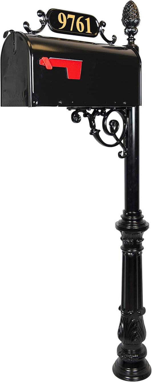 ADDRESSES OF DISTINCTION Charleston Mailbox & Post System – Black Rust Resistant Mailbox – Includes Address Plaque, Numbers, Scroll & Mounting Hardware (Large)