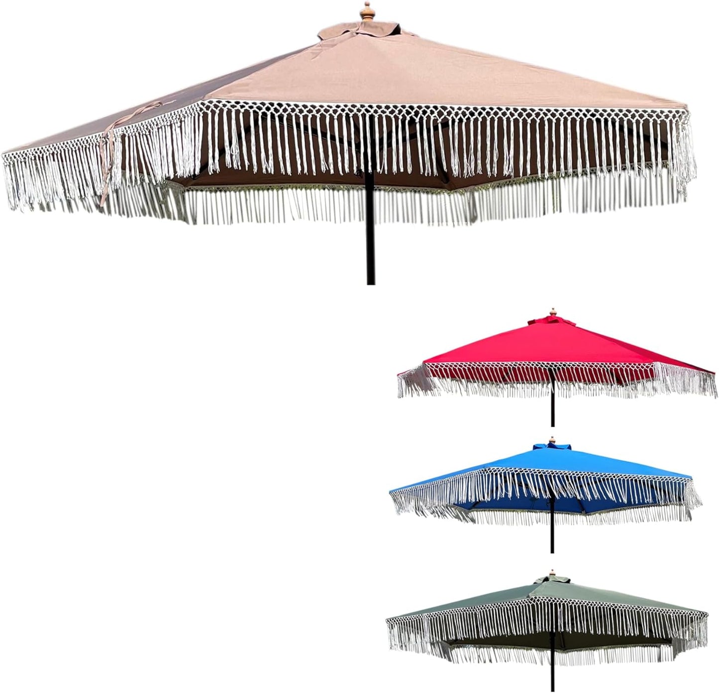 Formosa Covers 9ft 8 Ribs Replacement Umbrella Canopy w/Fringe Luxurious Bohemian Valance for Outdoor Decor, Entertainment and Poolside (CANOPY ONLY) (Taupe)