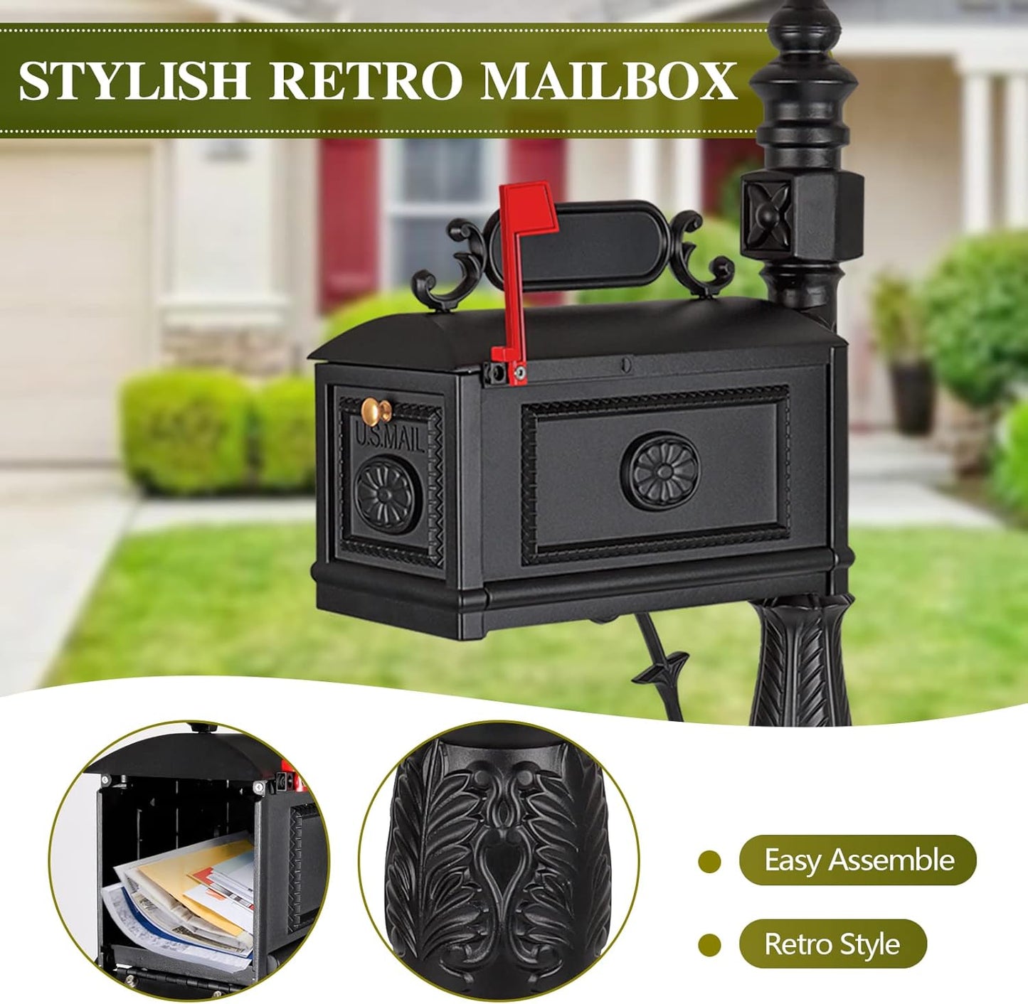 Polar Aurora Barcelona Decorative Post Mailbox Combination Stratford Heavy Duty Postal Mail Box Cast Aluminum(Black)