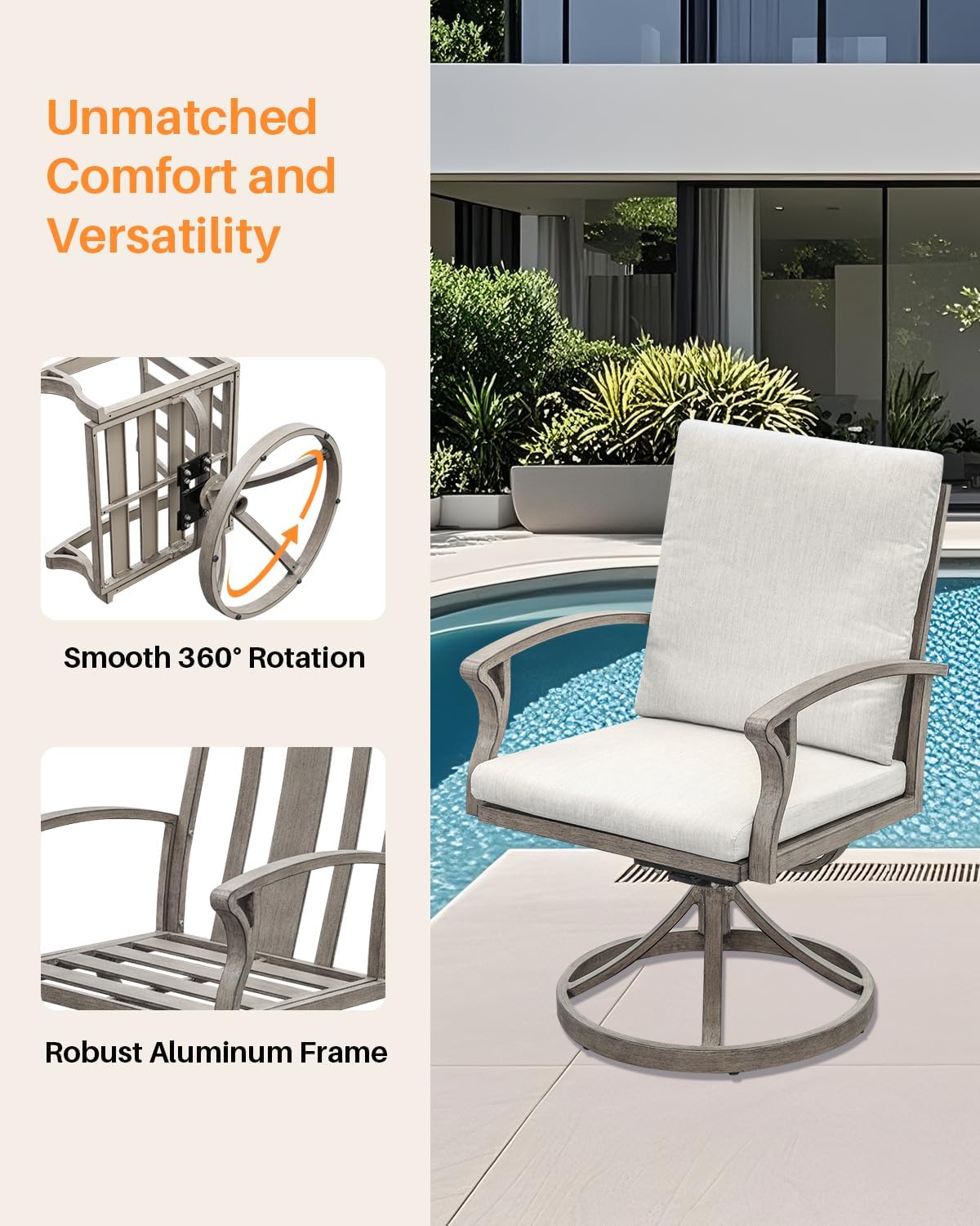 Swivel Patio Dining Chairs Set of 2, Aluminum Outdoor Swivel Rocking Dining Chairs with Cushions, Outdoor Dining Set Patio Furniture Set for Backyard, Deck, Garden, Pool, Limed Oak