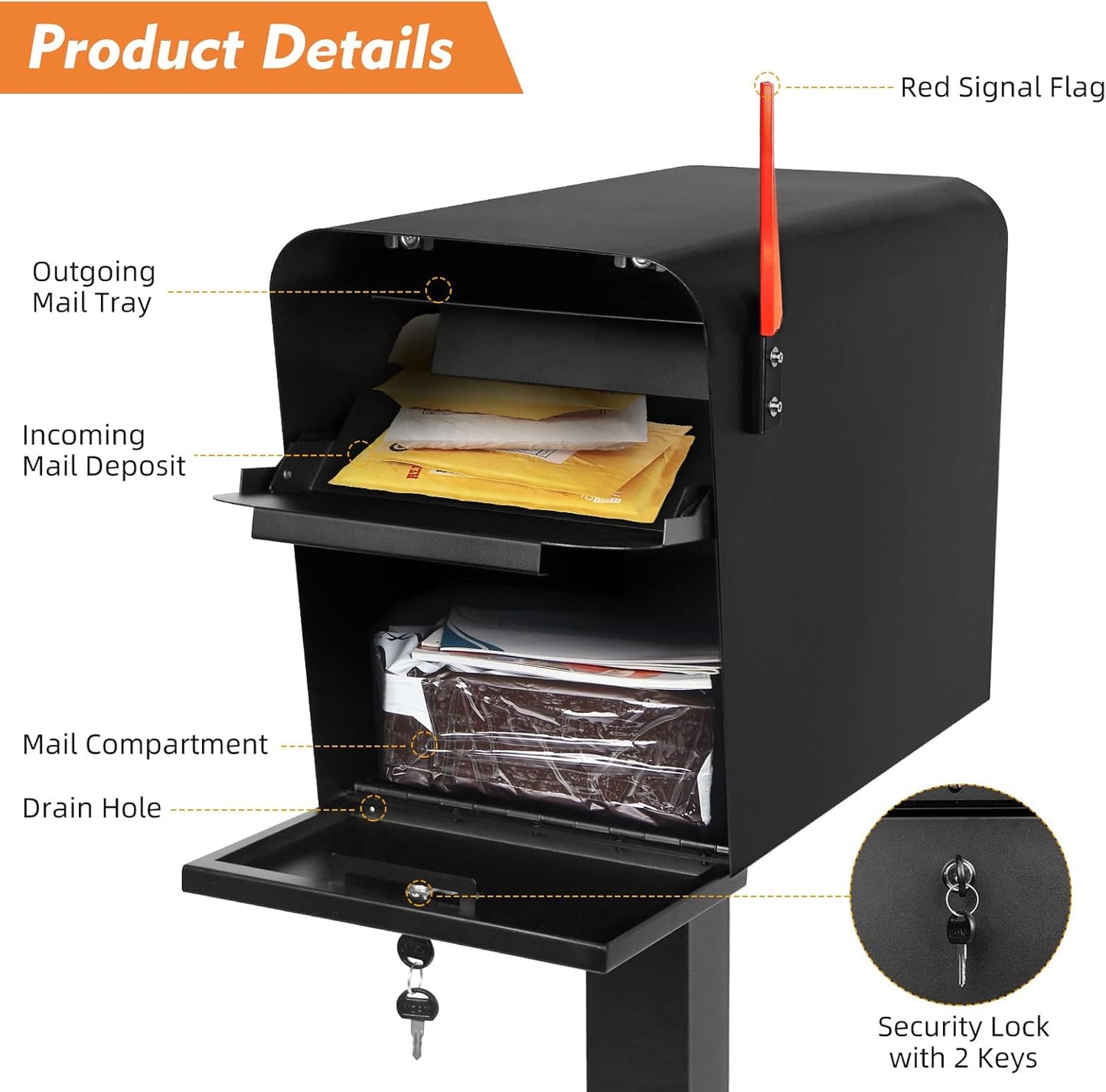 Extra Large Locking Mailbox with Post for Outside, Heavy Duty Base Plate Included, 21.6" x 11.8" x 16.5" XL Metal Mailbox and Post Combo, Weather-Resistant, Easy Assembly, Black