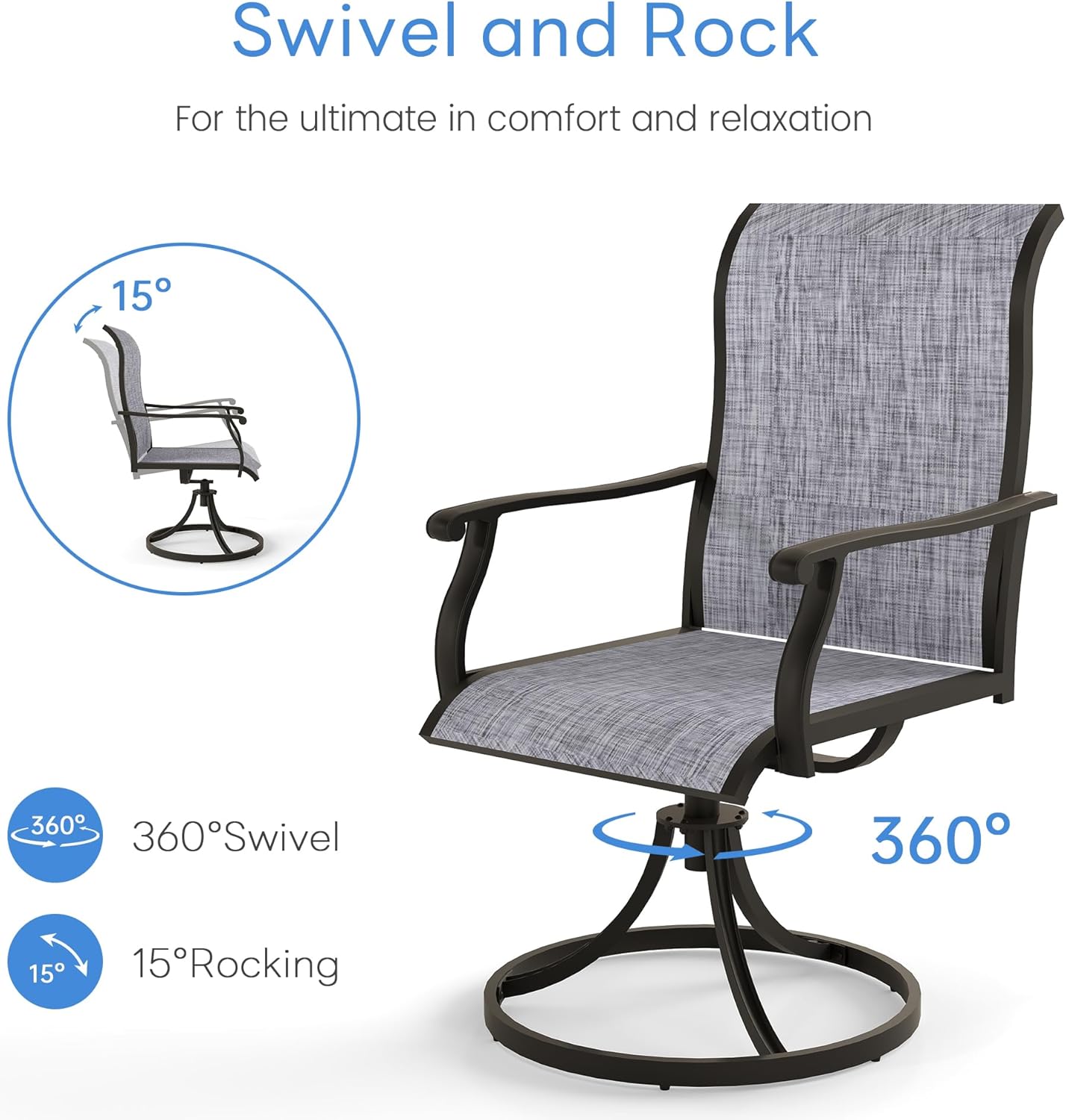 Kromax Outdoor Patio Swivel Dining Chairs Set of 4, 360°Swivel Rocking Chairs, All-Weather Resistant with Breathable Textilene Mesh, Rust-Proof Steel Frame, 400 Lb Capacity, Grey