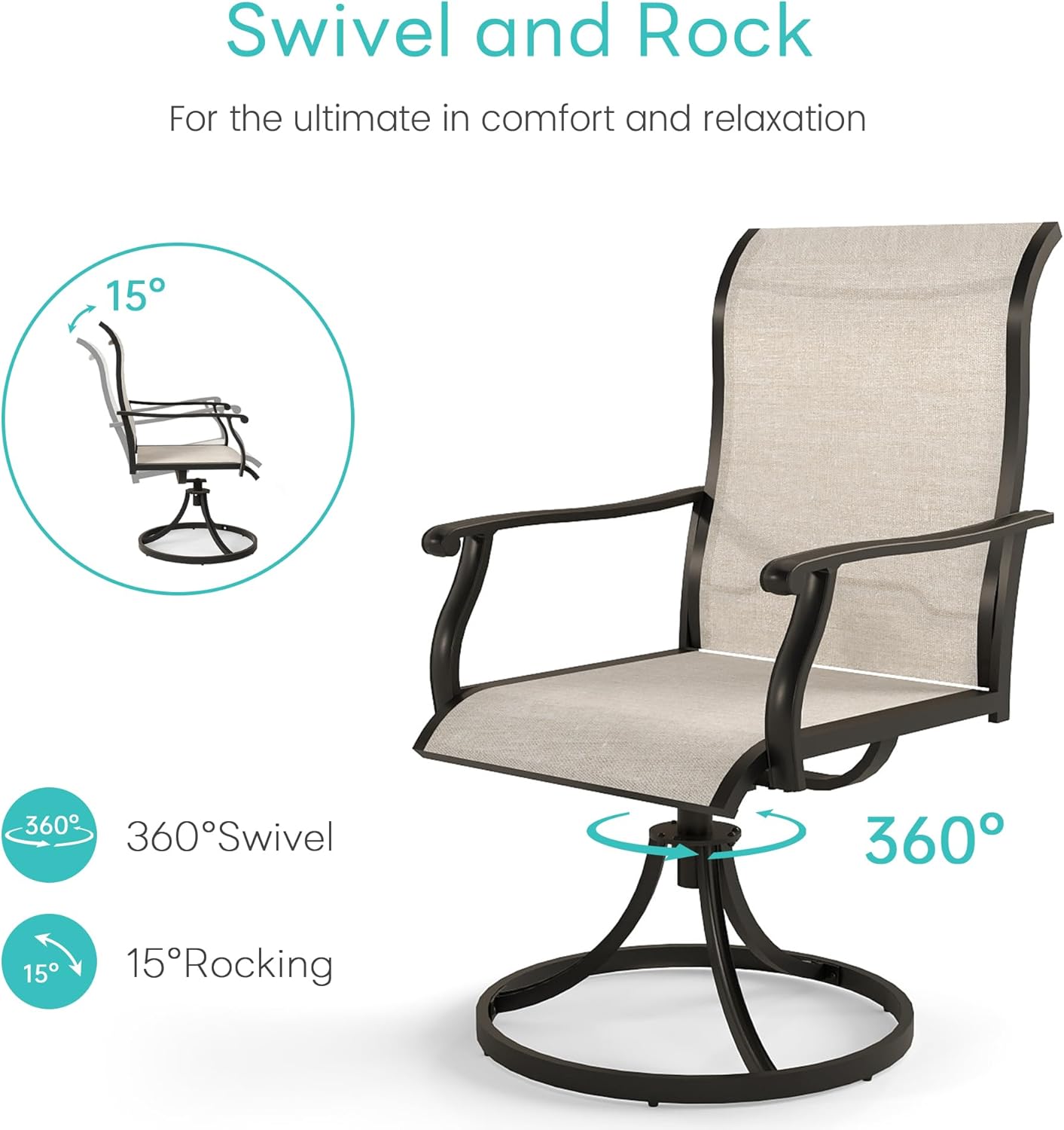 Outdoor Patio Swivel Dining Chairs Set of 4, 360°Swivel and All Weather Rocking Chair with Textilene Mesh Fabric and Rust Proof Steel Frame, 400 Lb. Capacity, Beige