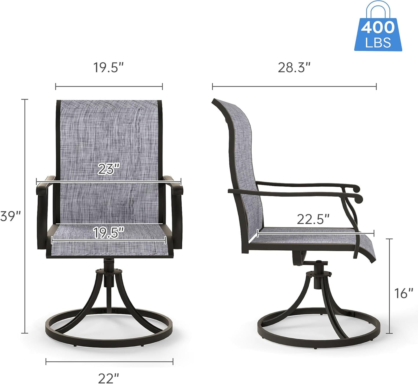 Kromax Outdoor Patio Swivel Dining Chairs Set of 4, 360°Swivel Rocking Chairs, All-Weather Resistant with Breathable Textilene Mesh, Rust-Proof Steel Frame, 400 Lb Capacity, Grey