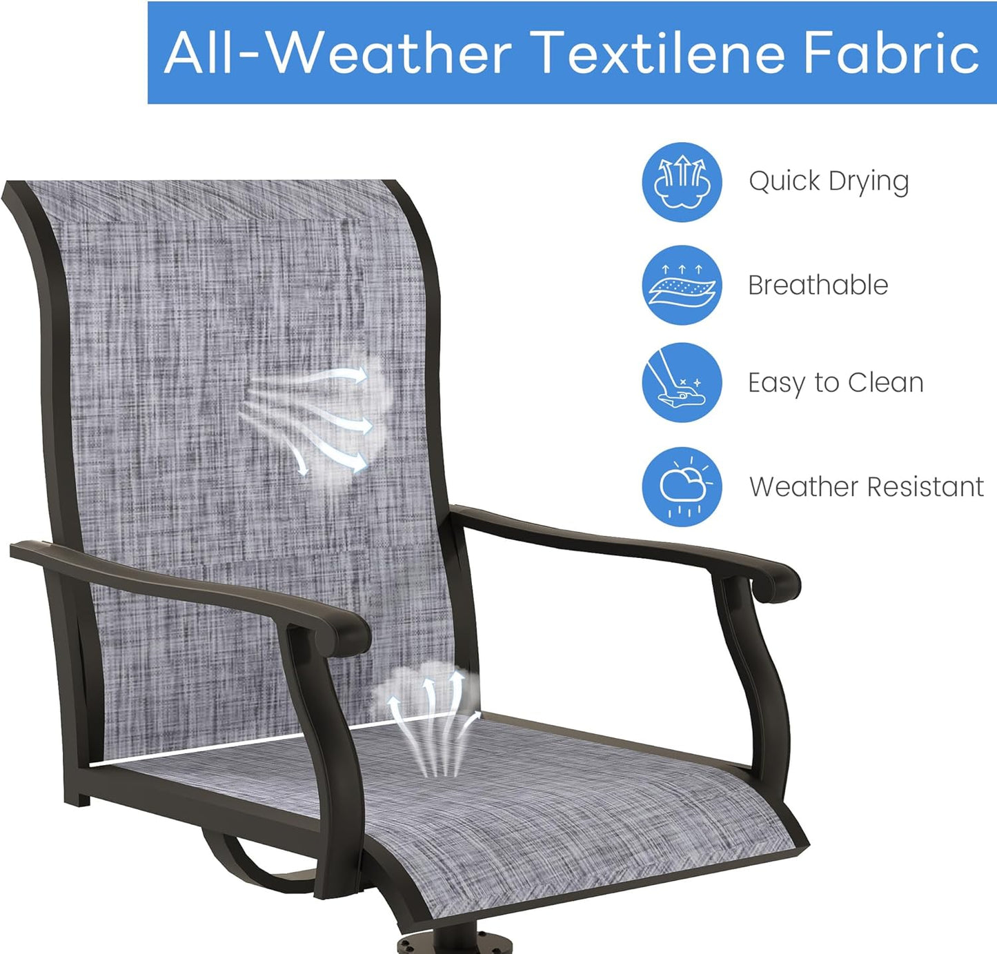 Kromax Outdoor Patio Swivel Dining Chairs Set of 4, 360°Swivel Rocking Chairs, All-Weather Resistant with Breathable Textilene Mesh, Rust-Proof Steel Frame, 400 Lb Capacity, Grey