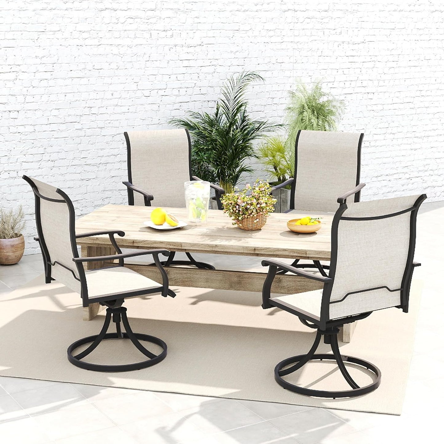 Outdoor Patio Swivel Dining Chairs Set of 4, 360°Swivel and All Weather Rocking Chair with Textilene Mesh Fabric and Rust Proof Steel Frame, 400 Lb. Capacity, Beige