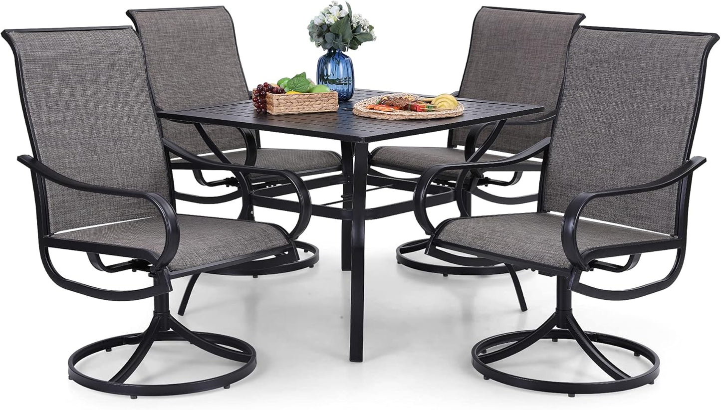 PHI VILLA 5 Piece Patio Dining Set with 4 Outdoor Swivel Dining Chairs & 1 Large Round Dining Table, All Weather Blue Textilene Mesh Fabric Chair and Round Metal Table for Deck Lawn Garden
