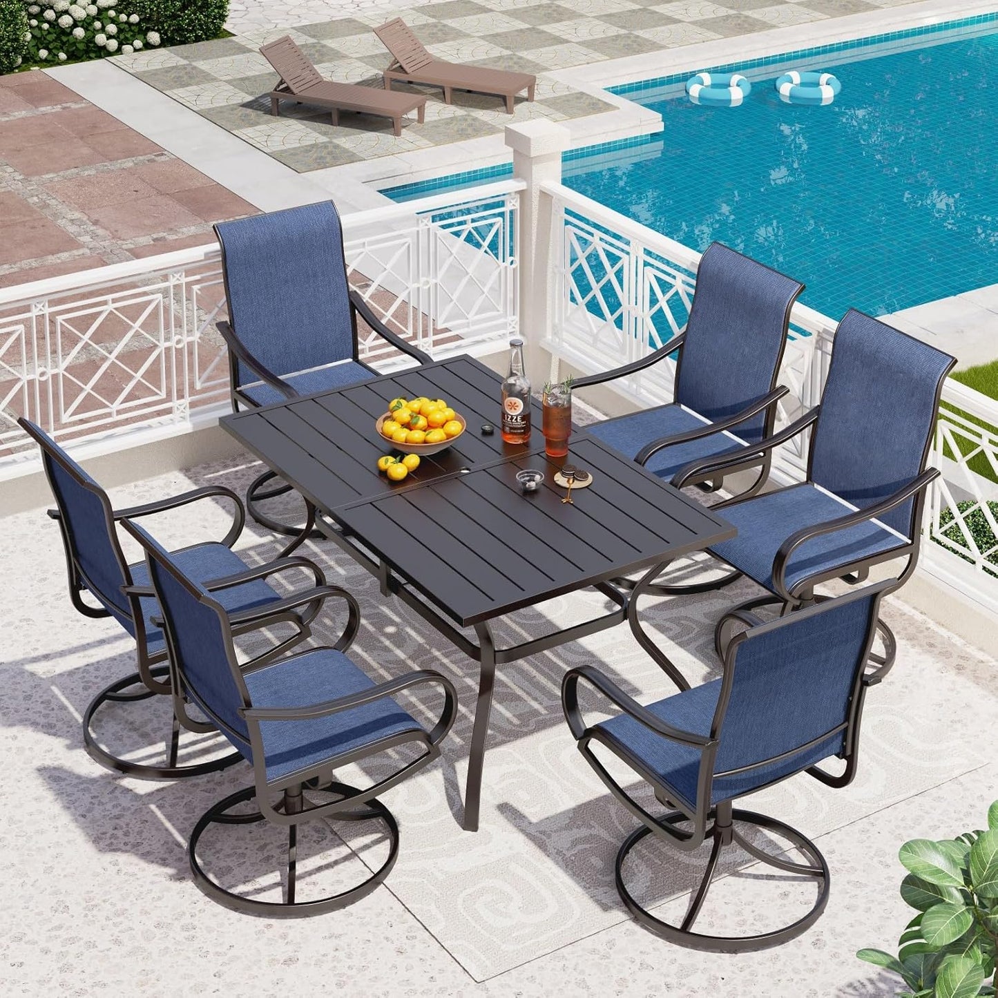 PHI VILLA 5 Piece Patio Dining Set with 4 Outdoor Swivel Dining Chairs & 1 Large Round Dining Table, All Weather Blue Textilene Mesh Fabric Chair and Round Metal Table for Deck Lawn Garden