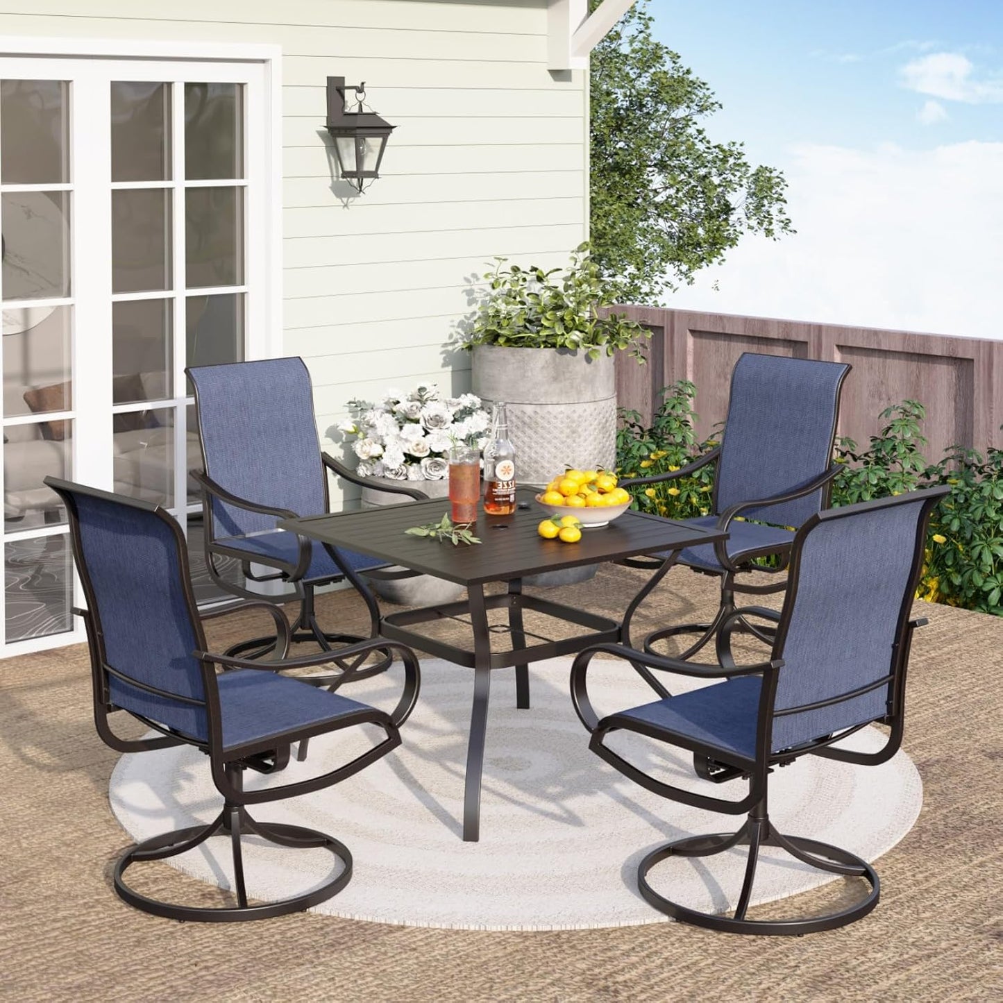 PHI VILLA 5 Piece Patio Dining Set with 4 Outdoor Swivel Dining Chairs & 1 Large Round Dining Table, All Weather Blue Textilene Mesh Fabric Chair and Round Metal Table for Deck Lawn Garden