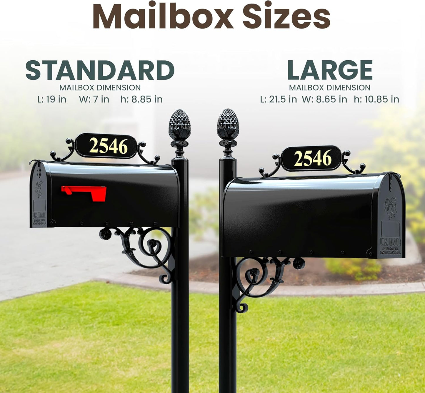 ADDRESSES OF DISTINCTION Charleston Mailbox & Post System – Black Rust Resistant Mailbox – Includes Address Plaque, Numbers, Scroll & Mounting Hardware (Large)
