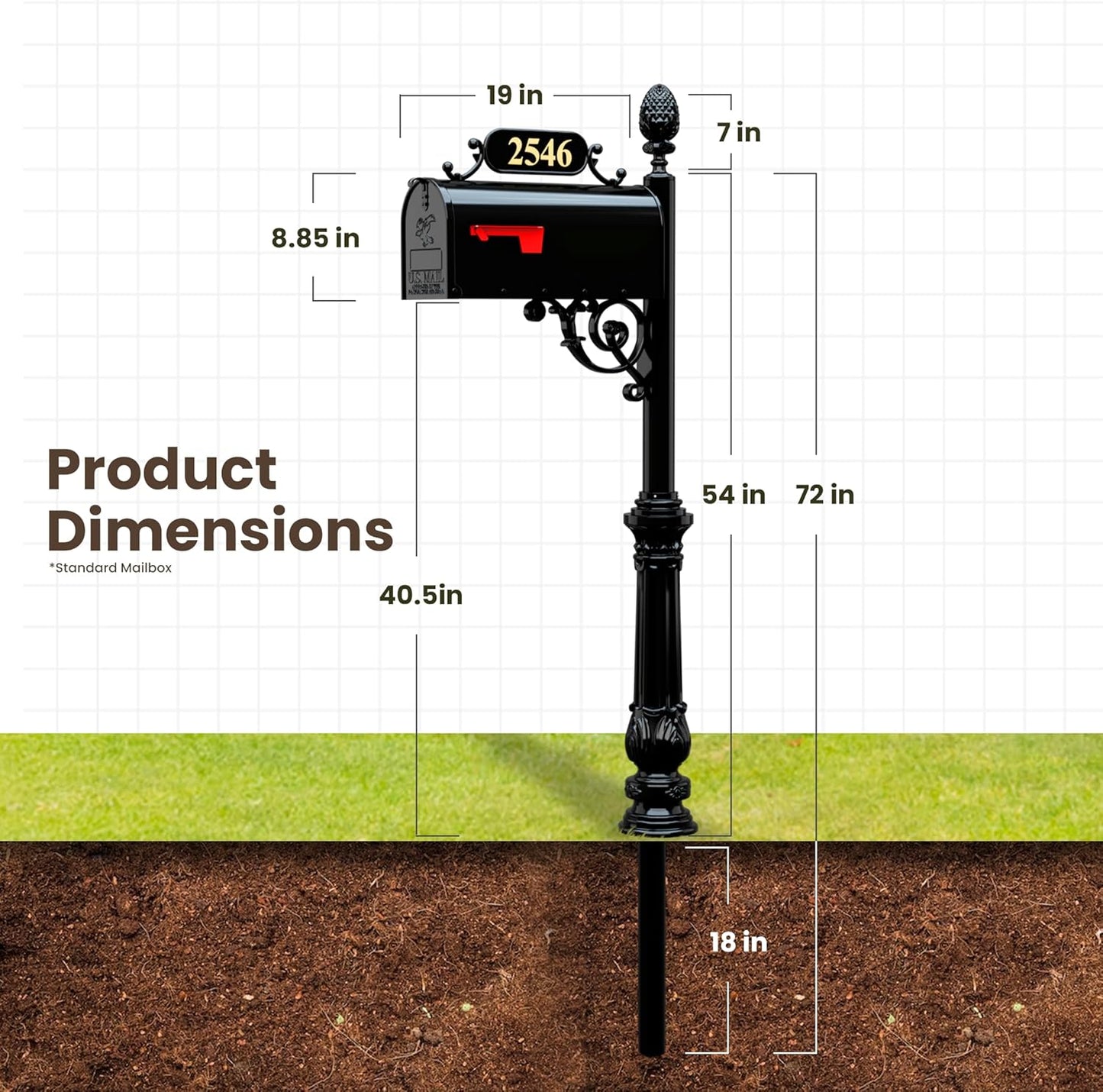 ADDRESSES OF DISTINCTION Charleston Mailbox & Post System – Black Rust Resistant Mailbox – Includes Address Plaque, Numbers, Scroll & Mounting Hardware (Large)