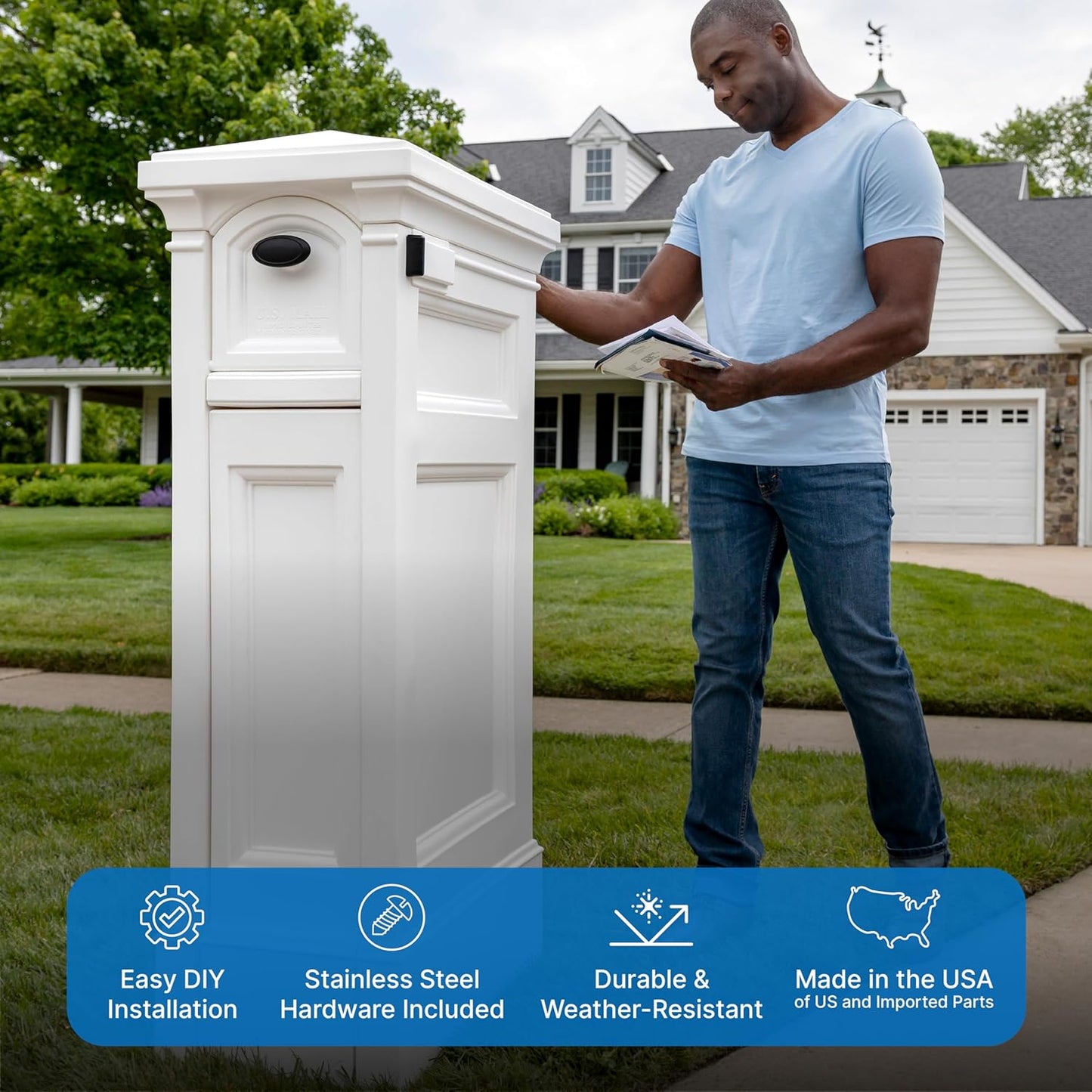 Step2 Atherton Reserve Storage Mailbox & Post, Extra Storage, Weather Resistant, Large Outdoor Mailboxes, Made of Durable Plastic, Easy to Install, Flag Included, Classic White