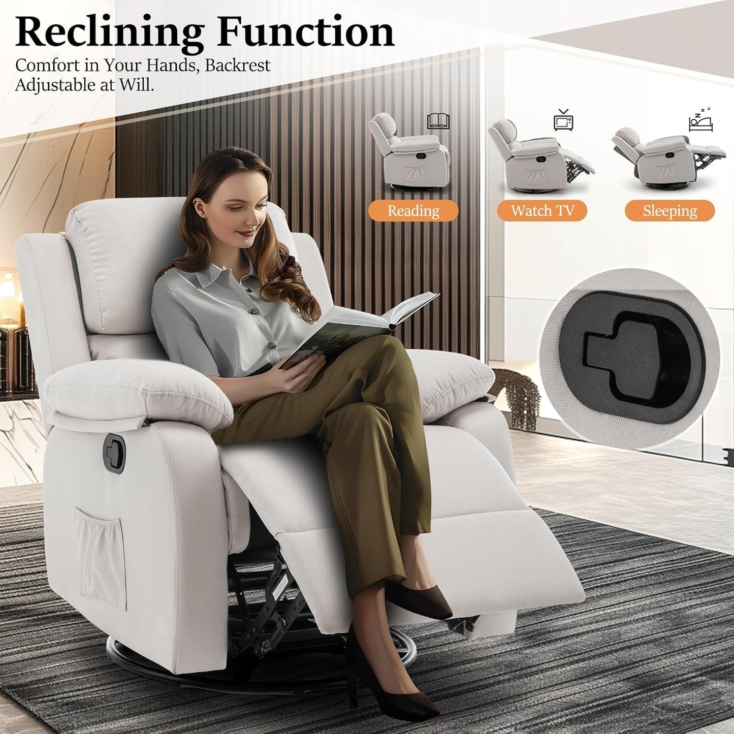Recliner Chair, 360 Swivel Rocker Chair for Adults, Small Rocking Recliner Chair for Small Spaces, Upholstered Fabric Glider Recliner Nursery Chair with Side Pockets for Living Room, White