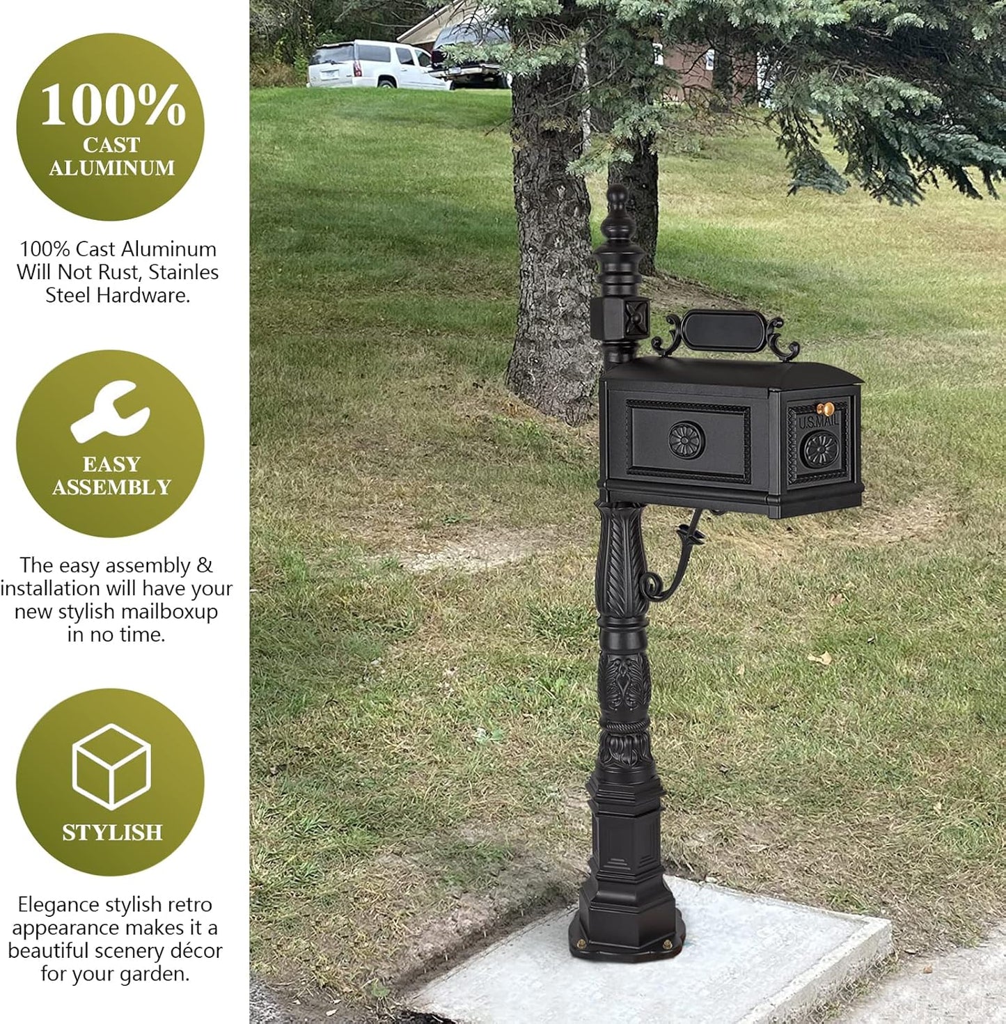 Polar Aurora Barcelona Decorative Post Mailbox Combination Stratford Heavy Duty Postal Mail Box Cast Aluminum(Black)