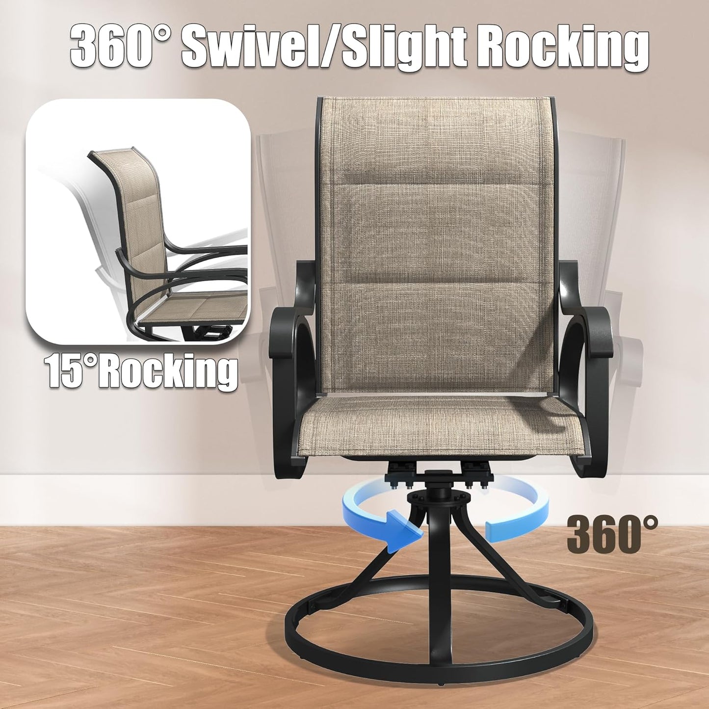 Patio Swivel Chairs Set of 4, All Weather Outdoor Rocking Chair with Textilene Breathable Back, Cotton Padding, Patio Dining Chair for Backyard, Garde, Porch and Deck (4, Brown)