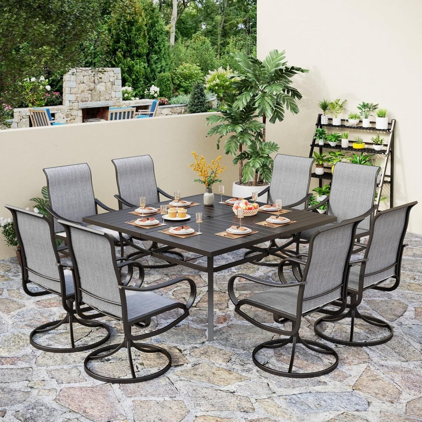 PHI VILLA 5 Piece Patio Dining Set with 4 Outdoor Swivel Dining Chairs & 1 Large Round Dining Table, All Weather Blue Textilene Mesh Fabric Chair and Round Metal Table for Deck Lawn Garden