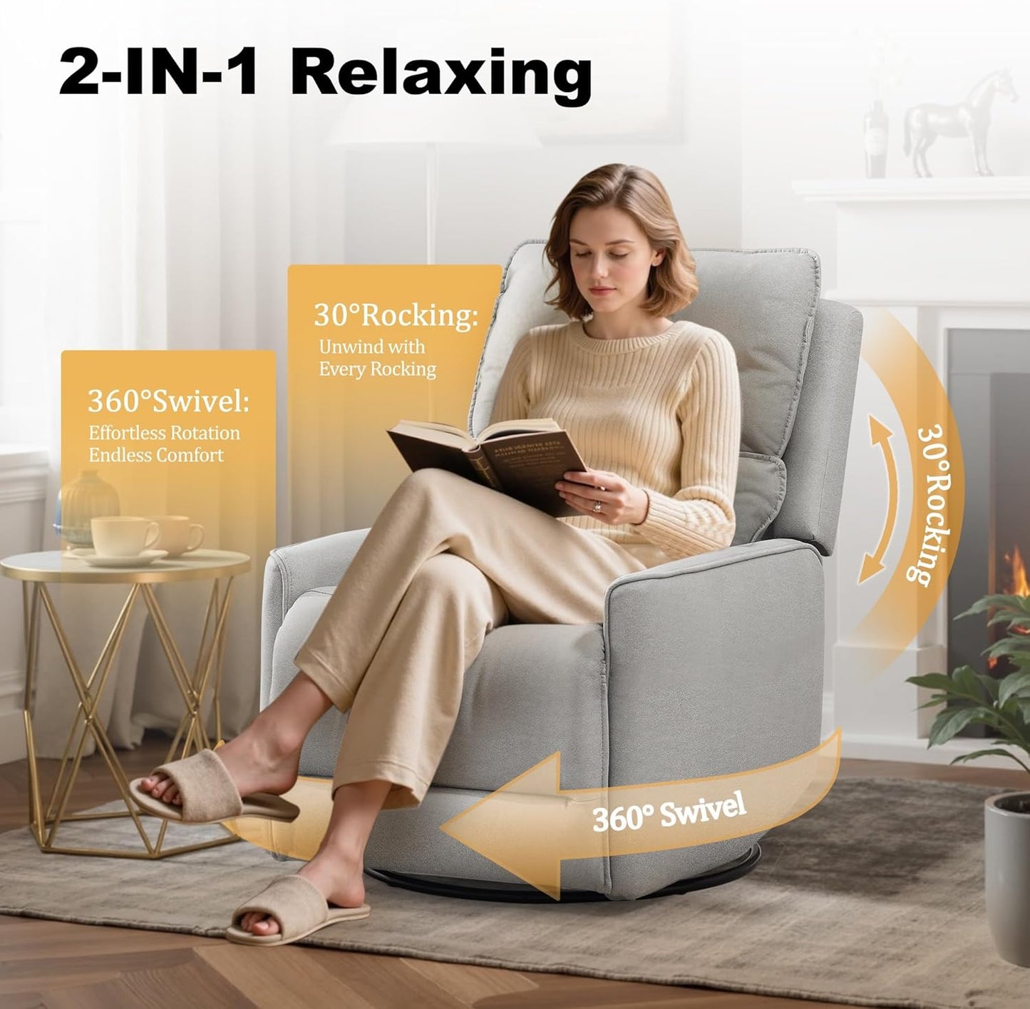 Recliner Chair 360 Swivel Rocker Recliner Chairs for Adults, Small Recliners for Small Spaces, Upholstered Nursery Chairs with Side Pockets, Glider Rocking Chair for Living Room, Nursery Room