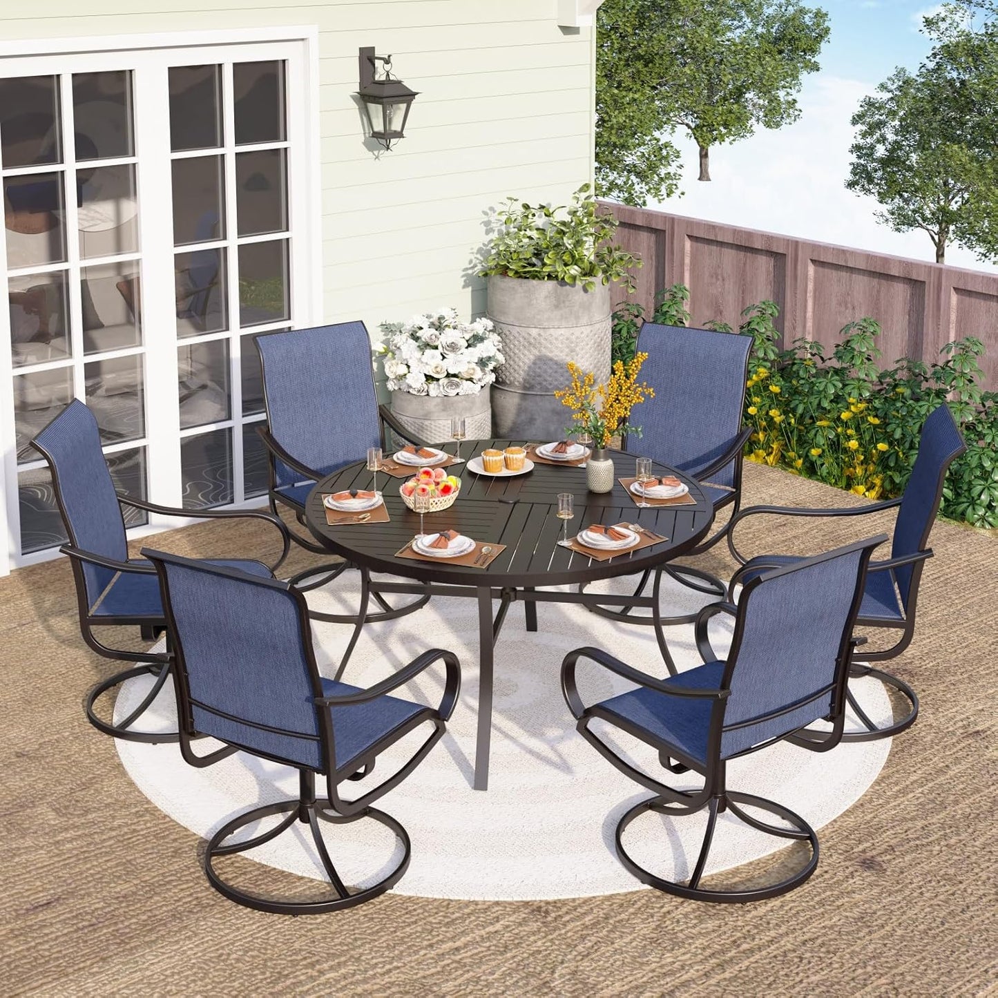 PHI VILLA 5 Piece Patio Dining Set with 4 Outdoor Swivel Dining Chairs & 1 Large Round Dining Table, All Weather Blue Textilene Mesh Fabric Chair and Round Metal Table for Deck Lawn Garden