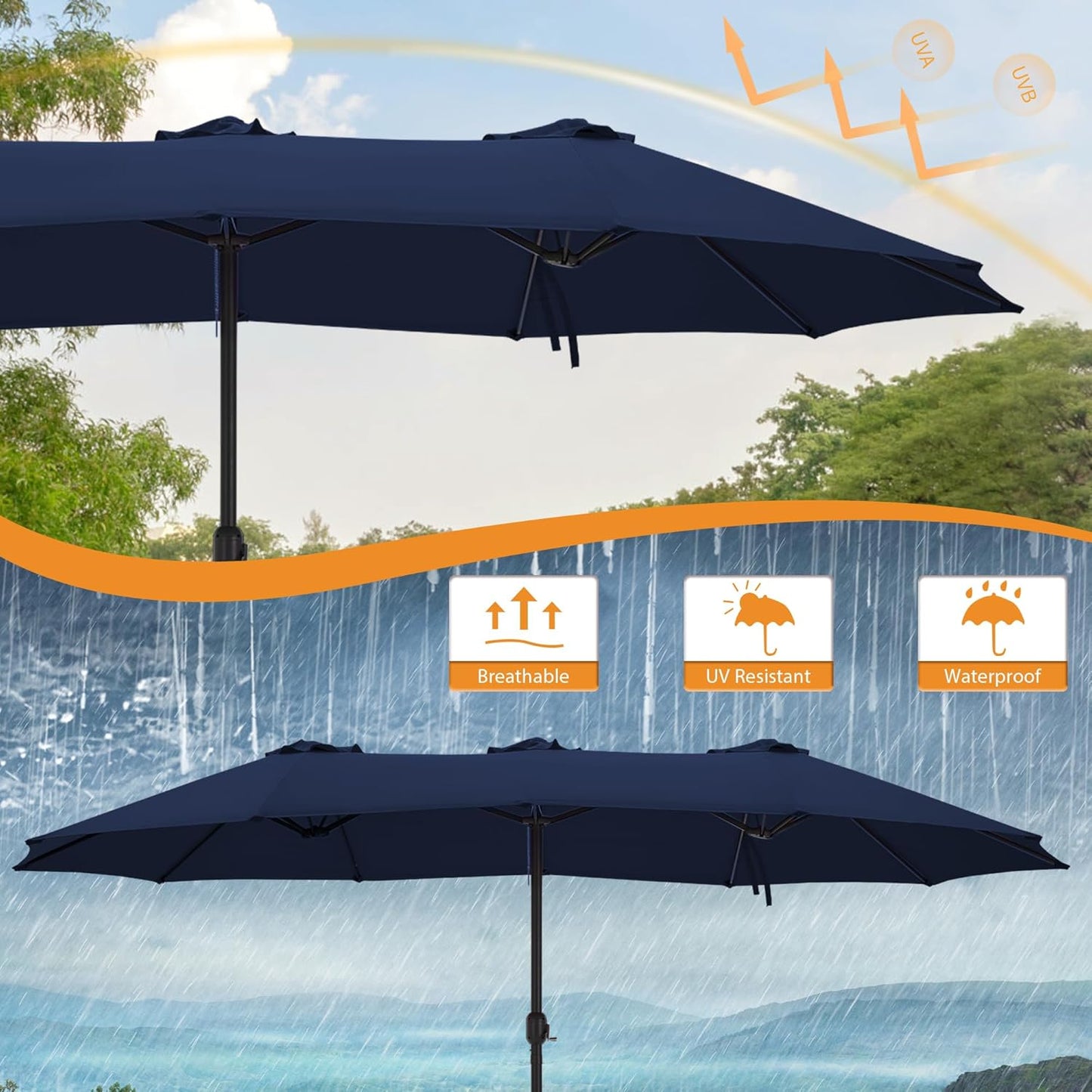 12 Ribs Umbrella Canopy Replacement for 15ft Double-Sided Patio Umbrella, Frame NOT Included