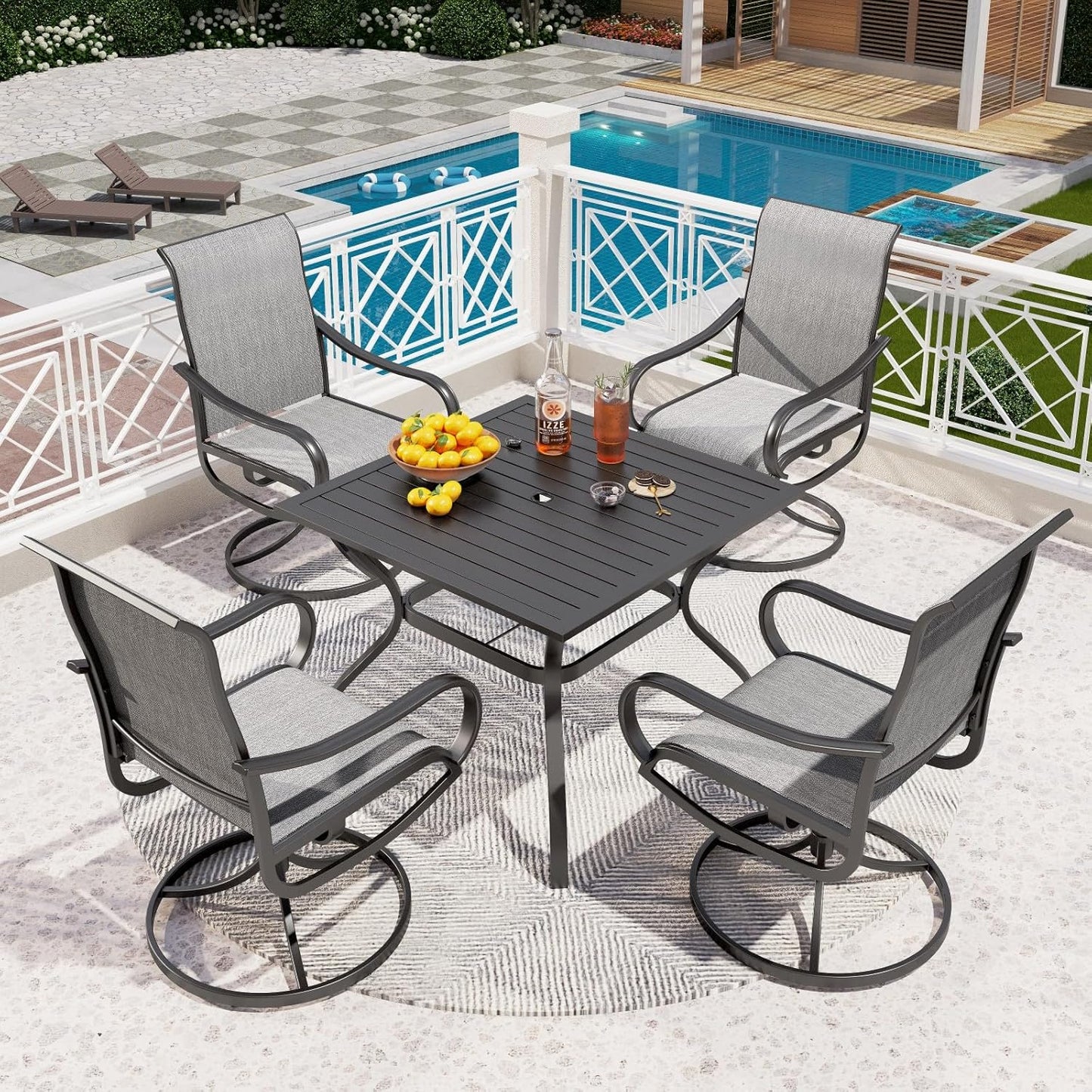 PHI VILLA 5 Piece Patio Dining Set with 4 Outdoor Swivel Dining Chairs & 1 Large Round Dining Table, All Weather Blue Textilene Mesh Fabric Chair and Round Metal Table for Deck Lawn Garden