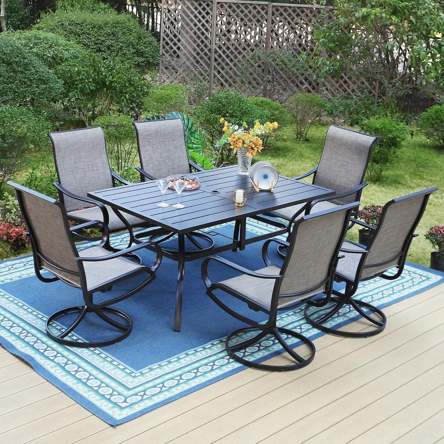 PHI VILLA 5 Piece Patio Dining Set with 4 Outdoor Swivel Dining Chairs & 1 Large Round Dining Table, All Weather Blue Textilene Mesh Fabric Chair and Round Metal Table for Deck Lawn Garden