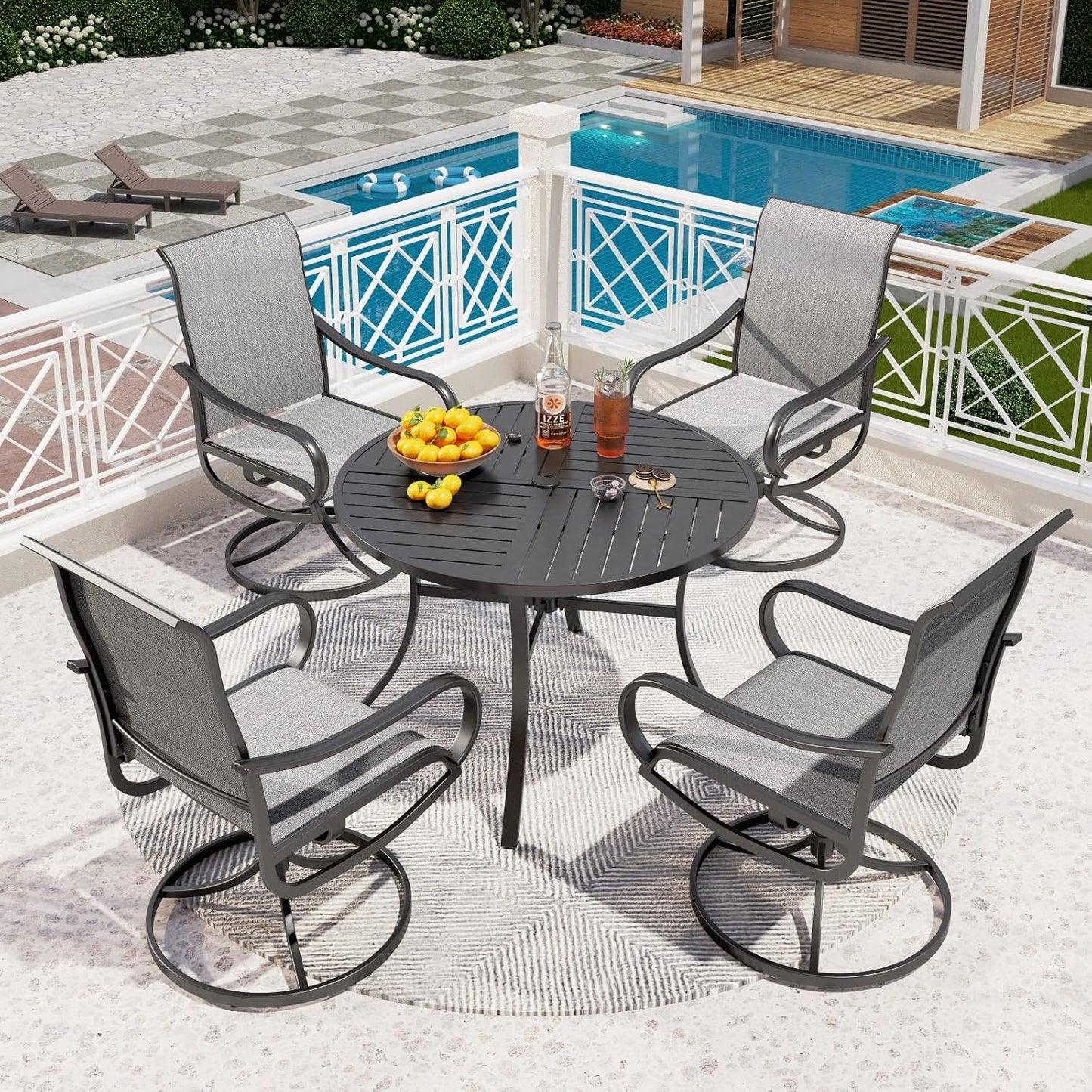 PHI VILLA 5 Piece Patio Dining Set with 4 Outdoor Swivel Dining Chairs & 1 Large Round Dining Table, All Weather Blue Textilene Mesh Fabric Chair and Round Metal Table for Deck Lawn Garden