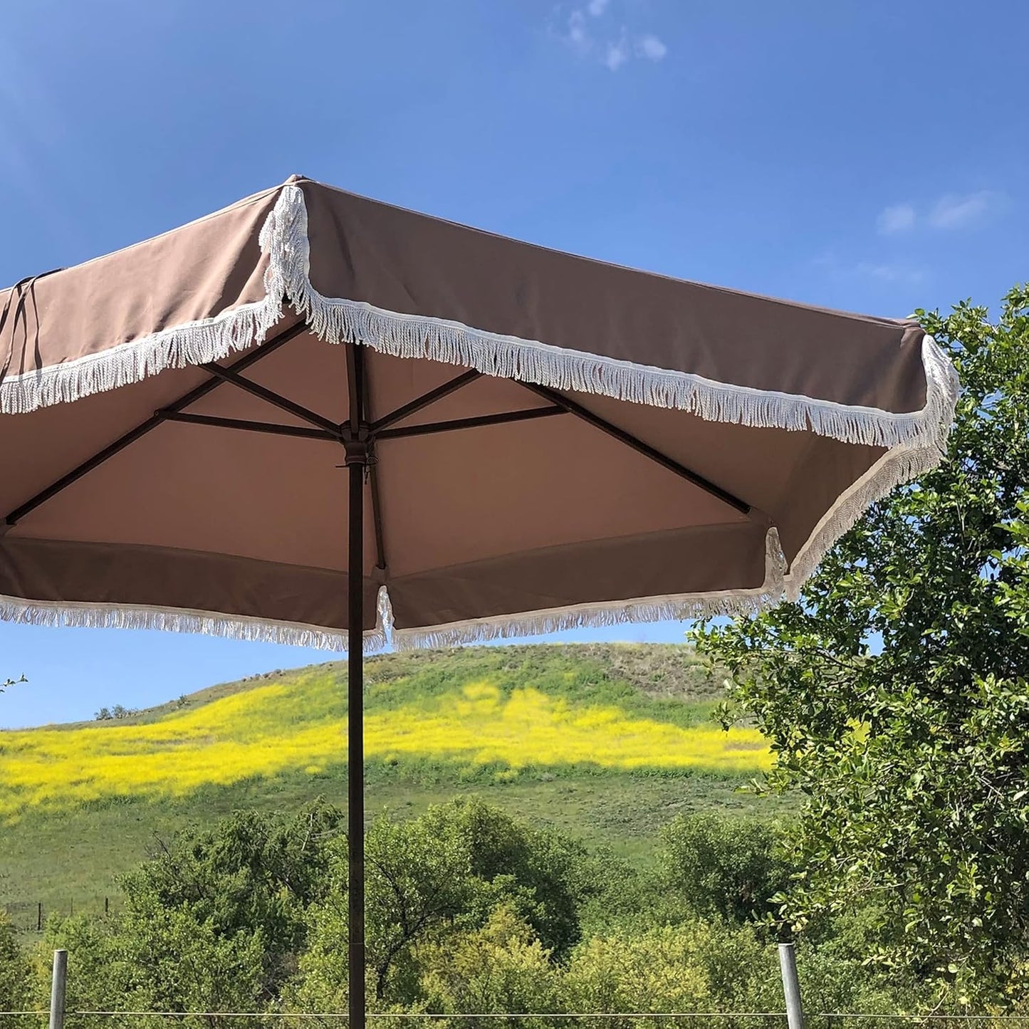 Formosa Covers 9ft 8 Ribs Replacement Umbrella Canopy w/Fringe Luxurious Bohemian Valance for Outdoor Decor, Entertainment and Poolside (CANOPY ONLY) (Taupe)