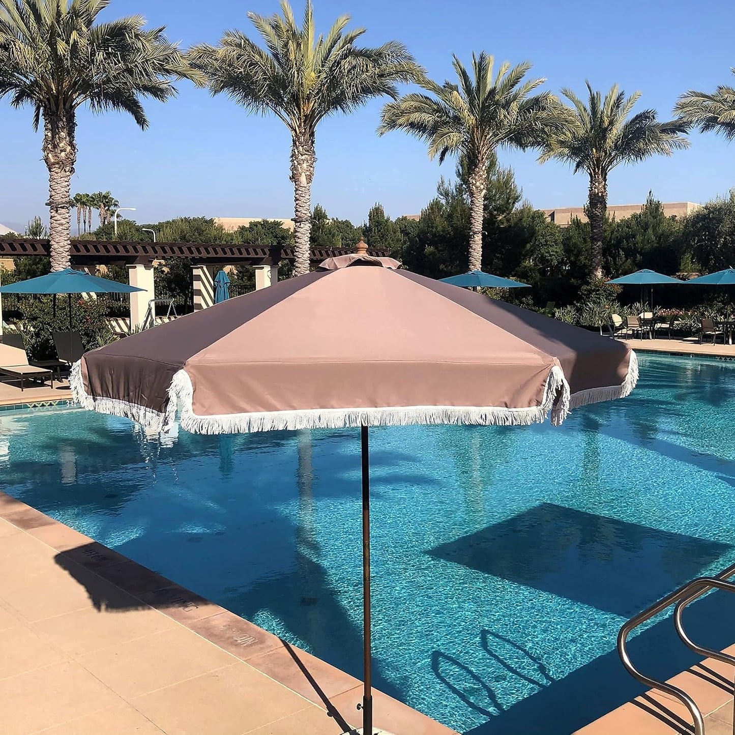 Formosa Covers 9ft 8 Ribs Replacement Umbrella Canopy w/Fringe Luxurious Bohemian Valance for Outdoor Decor, Entertainment and Poolside (CANOPY ONLY) (Taupe)