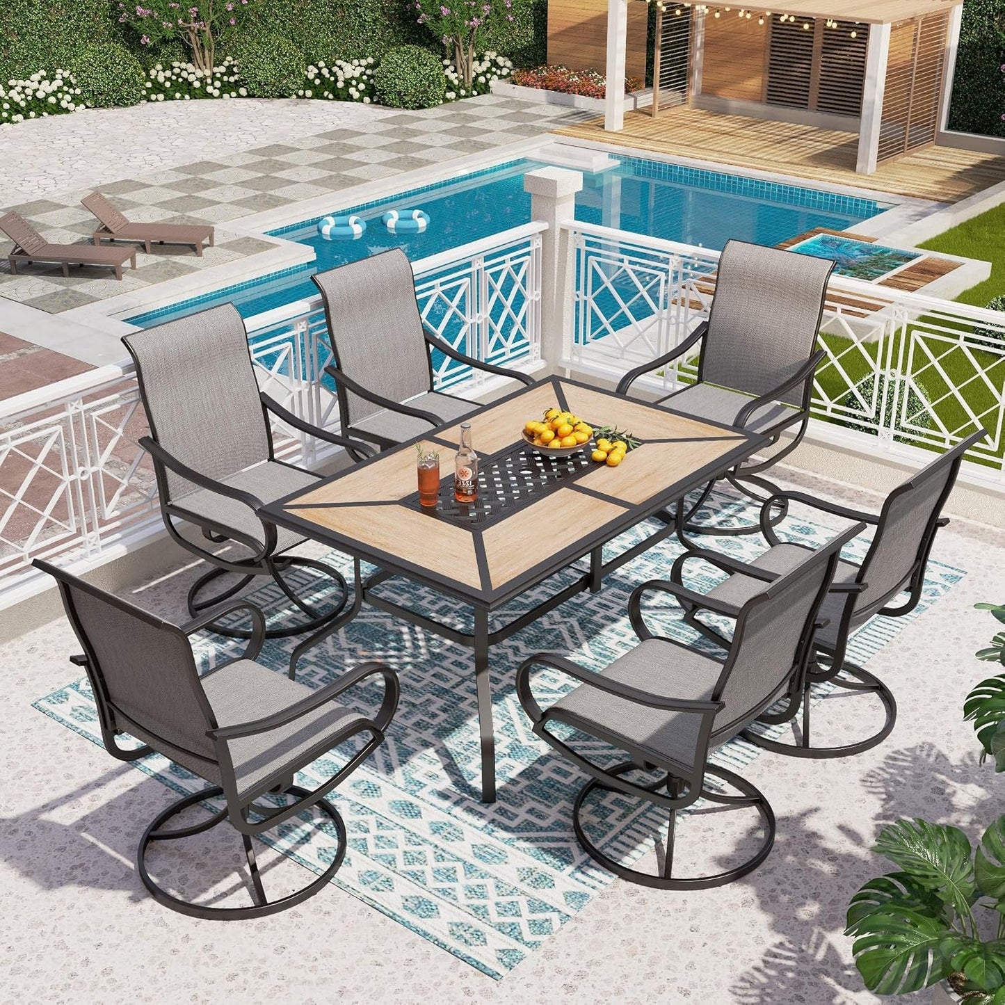 PHI VILLA 5 Piece Patio Dining Set with 4 Outdoor Swivel Dining Chairs & 1 Large Round Dining Table, All Weather Blue Textilene Mesh Fabric Chair and Round Metal Table for Deck Lawn Garden
