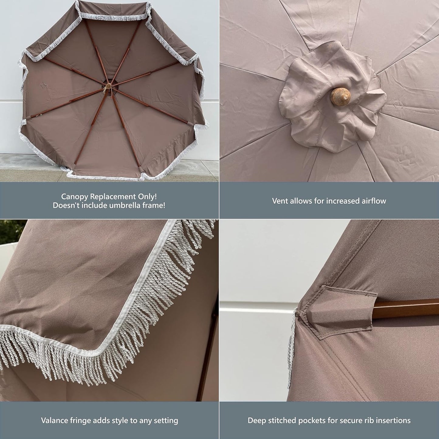Formosa Covers 9ft 8 Ribs Replacement Umbrella Canopy w/Fringe Luxurious Bohemian Valance for Outdoor Decor, Entertainment and Poolside (CANOPY ONLY) (Taupe)