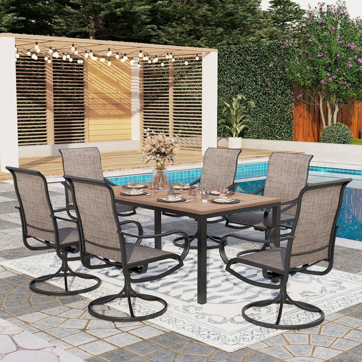 PHI VILLA 5 Piece Patio Dining Set with 4 Outdoor Swivel Dining Chairs & 1 Large Round Dining Table, All Weather Blue Textilene Mesh Fabric Chair and Round Metal Table for Deck Lawn Garden