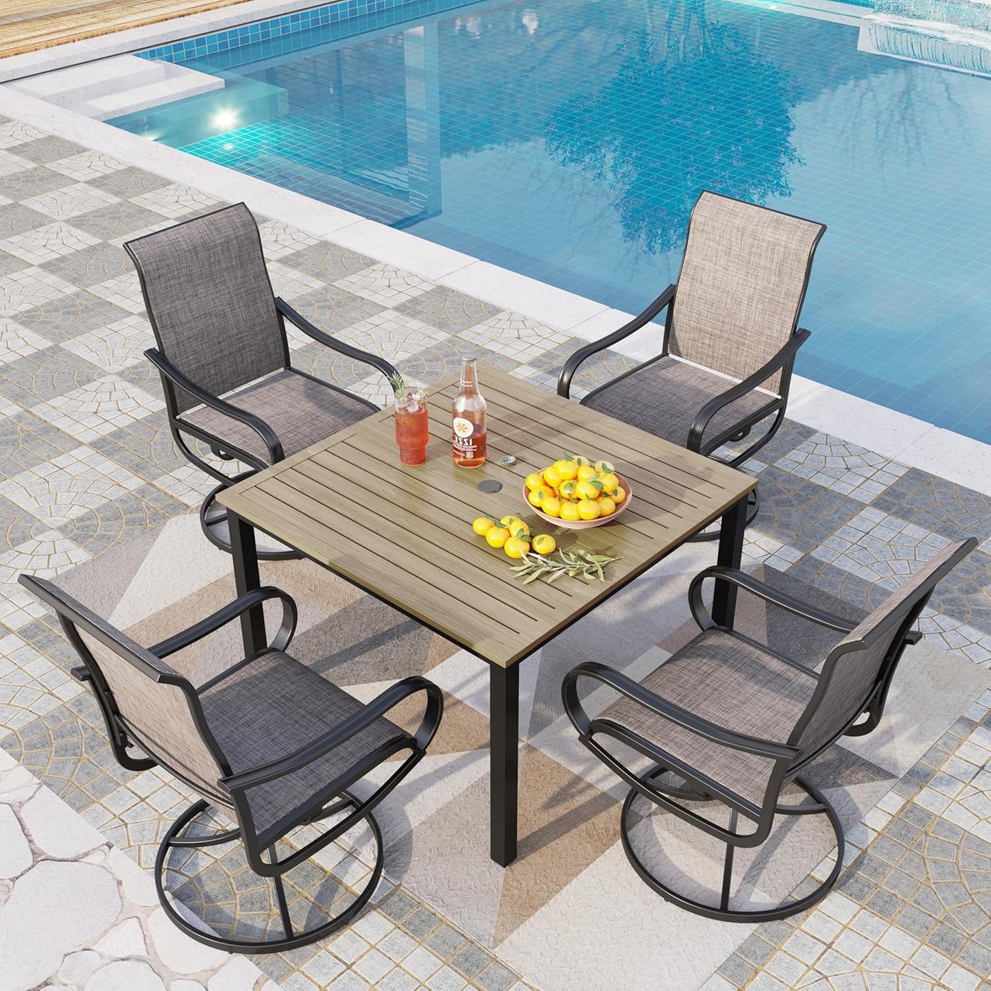 PHI VILLA 5 Piece Patio Dining Set with 4 Outdoor Swivel Dining Chairs & 1 Large Round Dining Table, All Weather Blue Textilene Mesh Fabric Chair and Round Metal Table for Deck Lawn Garden