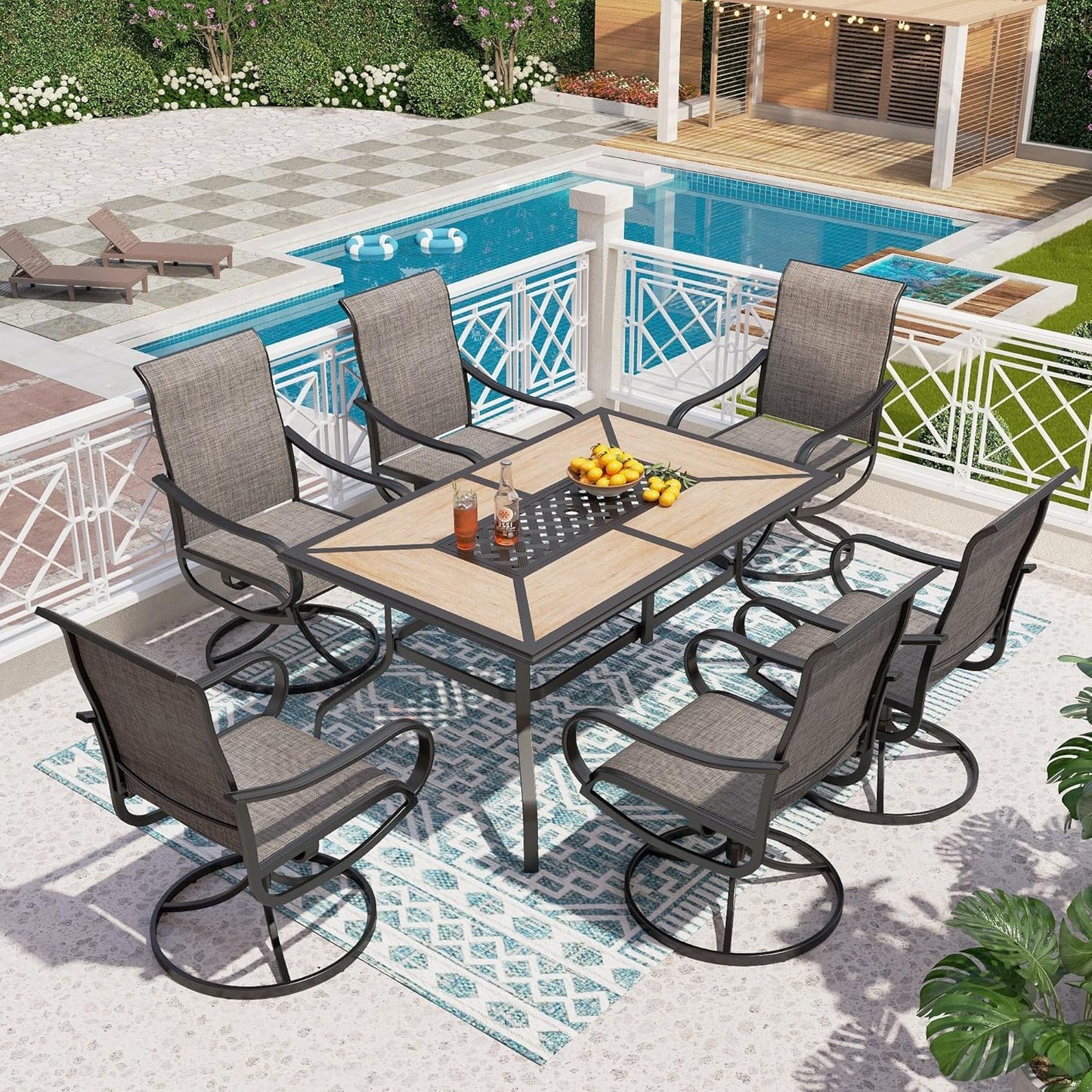 PHI VILLA 5 Piece Patio Dining Set with 4 Outdoor Swivel Dining Chairs & 1 Large Round Dining Table, All Weather Blue Textilene Mesh Fabric Chair and Round Metal Table for Deck Lawn Garden
