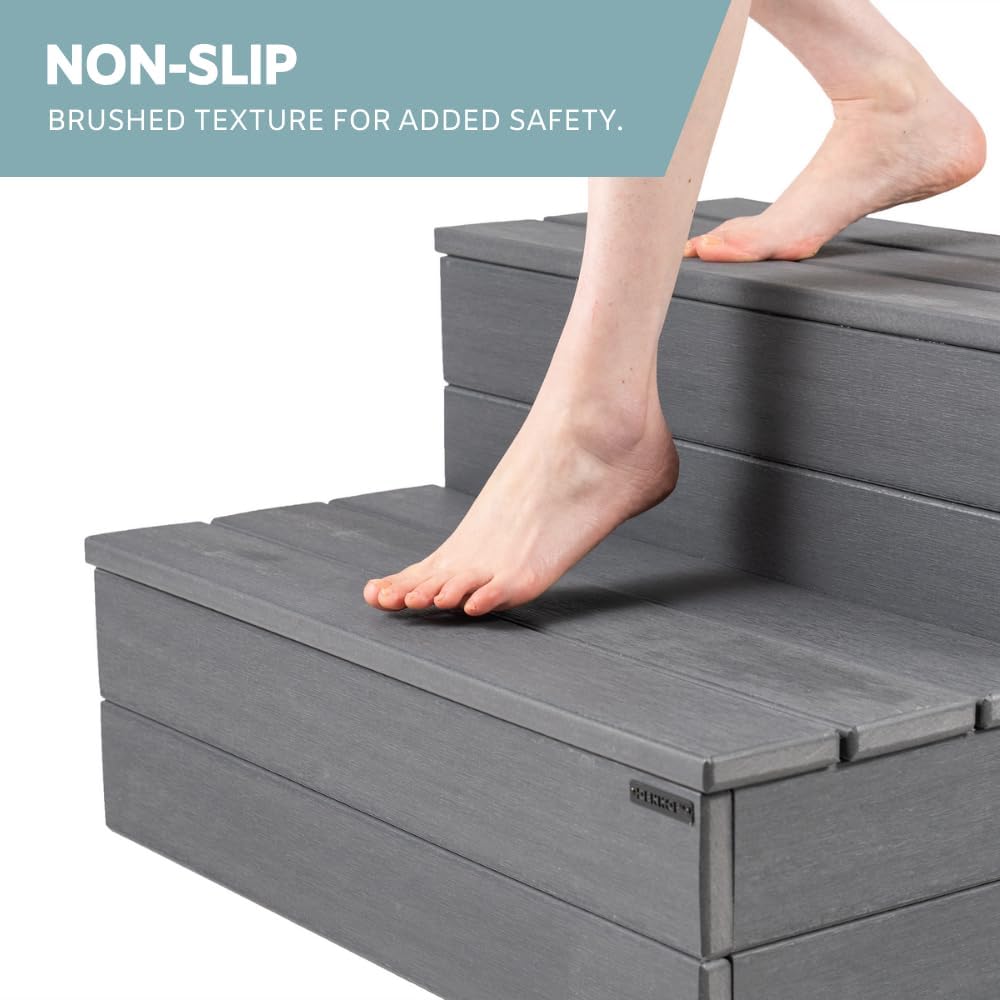 DENKOE Hot Tub Steps - Wood-Looking Plastic, 100% Waterproof, Gray Non-Slip, Heavy Duty Outdoor Spa Stairs - Multi-Use for Porch, Fits Any Size