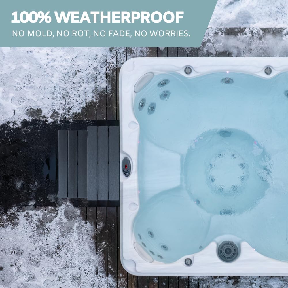 DENKOE Hot Tub Steps - Wood-Looking Plastic, 100% Waterproof, Gray Non-Slip, Heavy Duty Outdoor Spa Stairs - Multi-Use for Porch, Fits Any Size