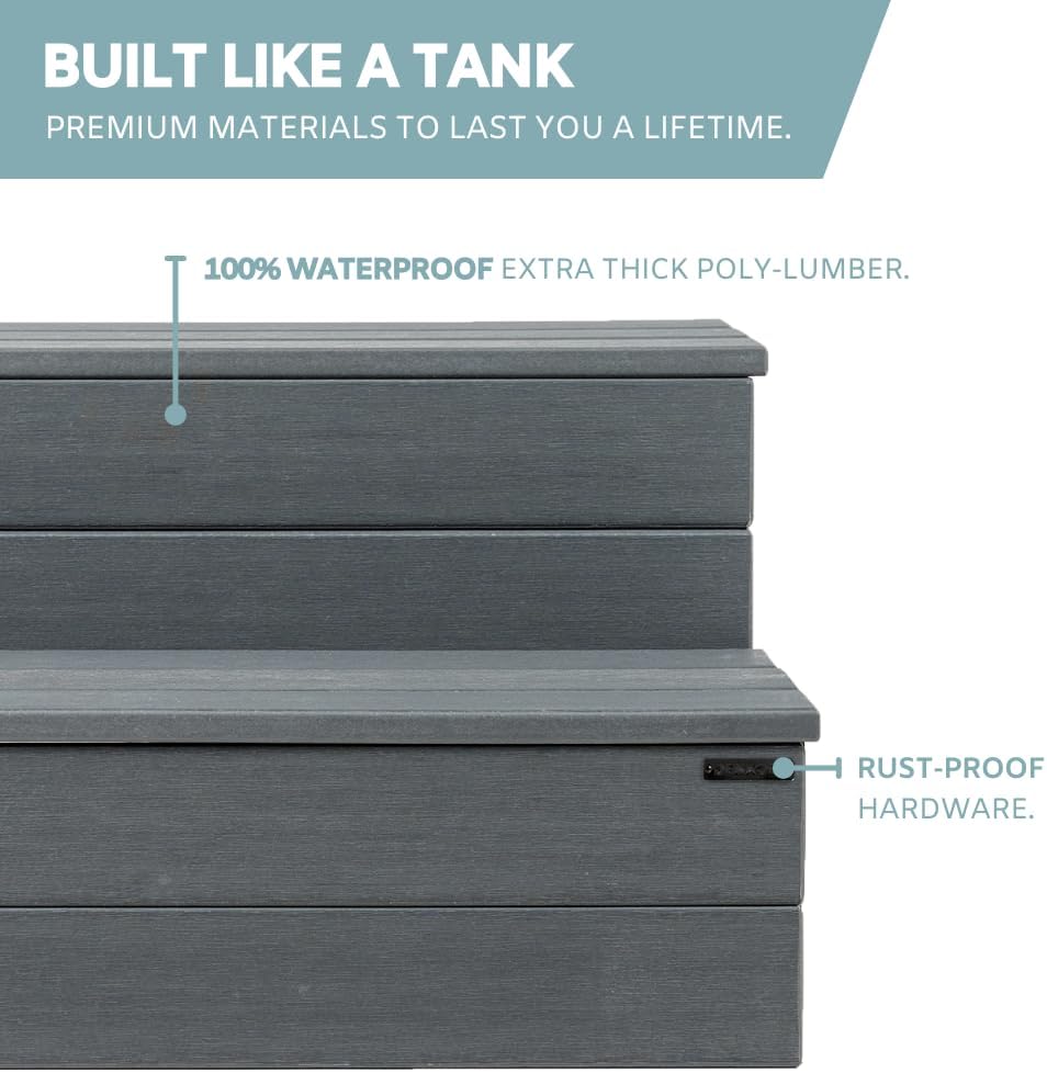 DENKOE Hot Tub Steps - Wood-Looking Plastic, 100% Waterproof, Gray Non-Slip, Heavy Duty Outdoor Spa Stairs - Multi-Use for Porch, Fits Any Size