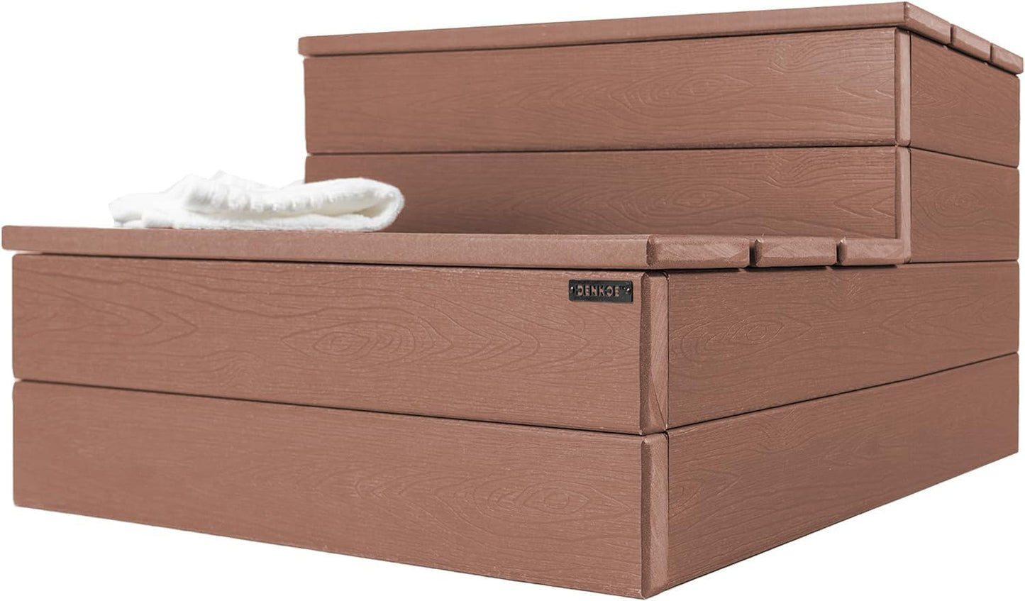 DENKOE Hot Tub Steps - Wood-Looking Plastic, 100% Waterproof, Gray Non-Slip, Heavy Duty Outdoor Spa Stairs - Multi-Use for Porch, Fits Any Size