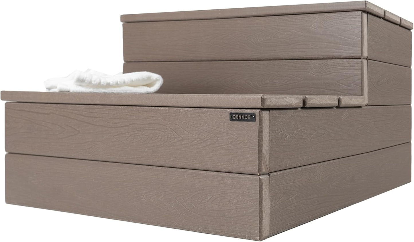 DENKOE Hot Tub Steps - Wood-Looking Plastic, 100% Waterproof, Gray Non-Slip, Heavy Duty Outdoor Spa Stairs - Multi-Use for Porch, Fits Any Size