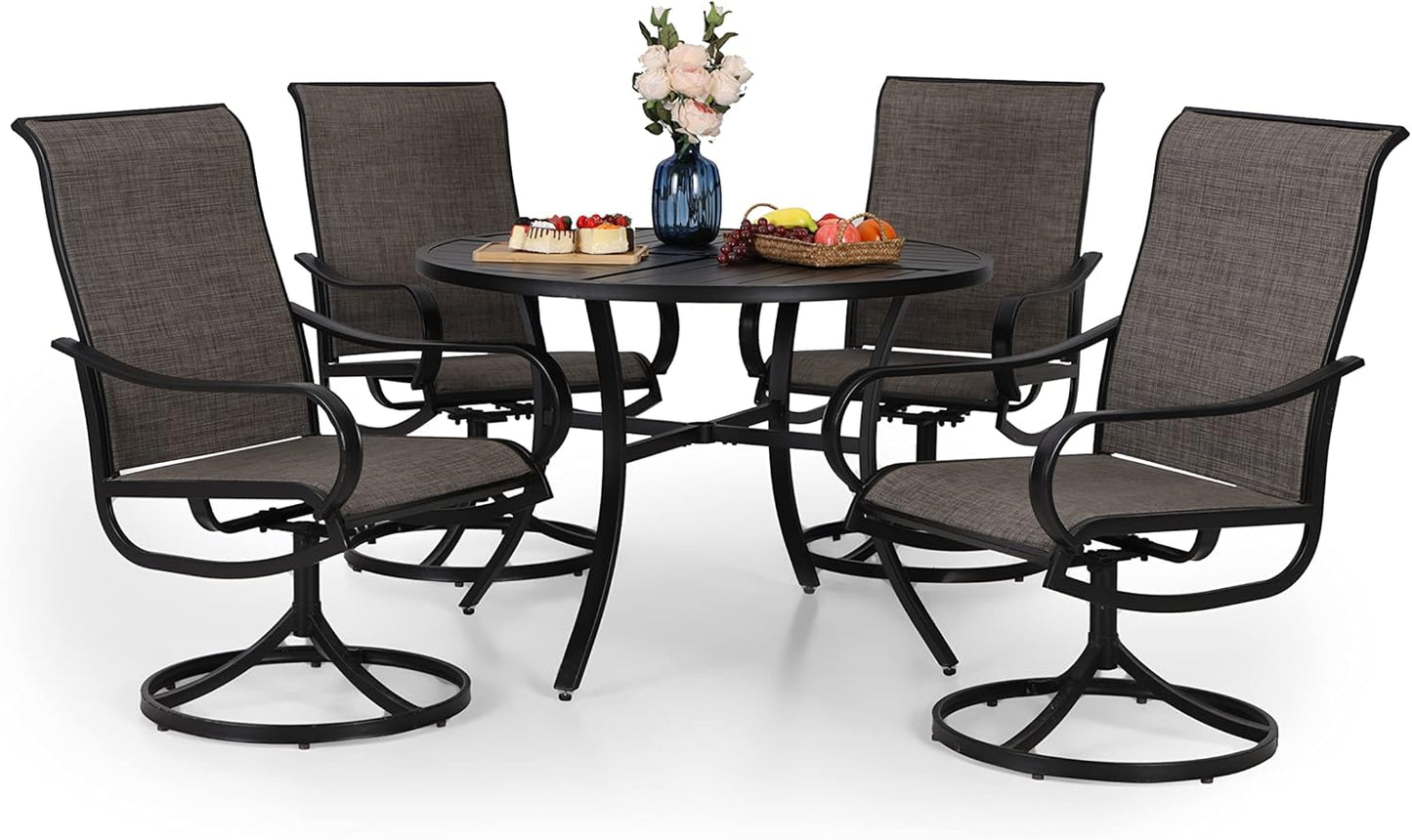 PHI VILLA 5 Piece Patio Dining Set with 4 Outdoor Swivel Dining Chairs & 1 Large Round Dining Table, All Weather Blue Textilene Mesh Fabric Chair and Round Metal Table for Deck Lawn Garden