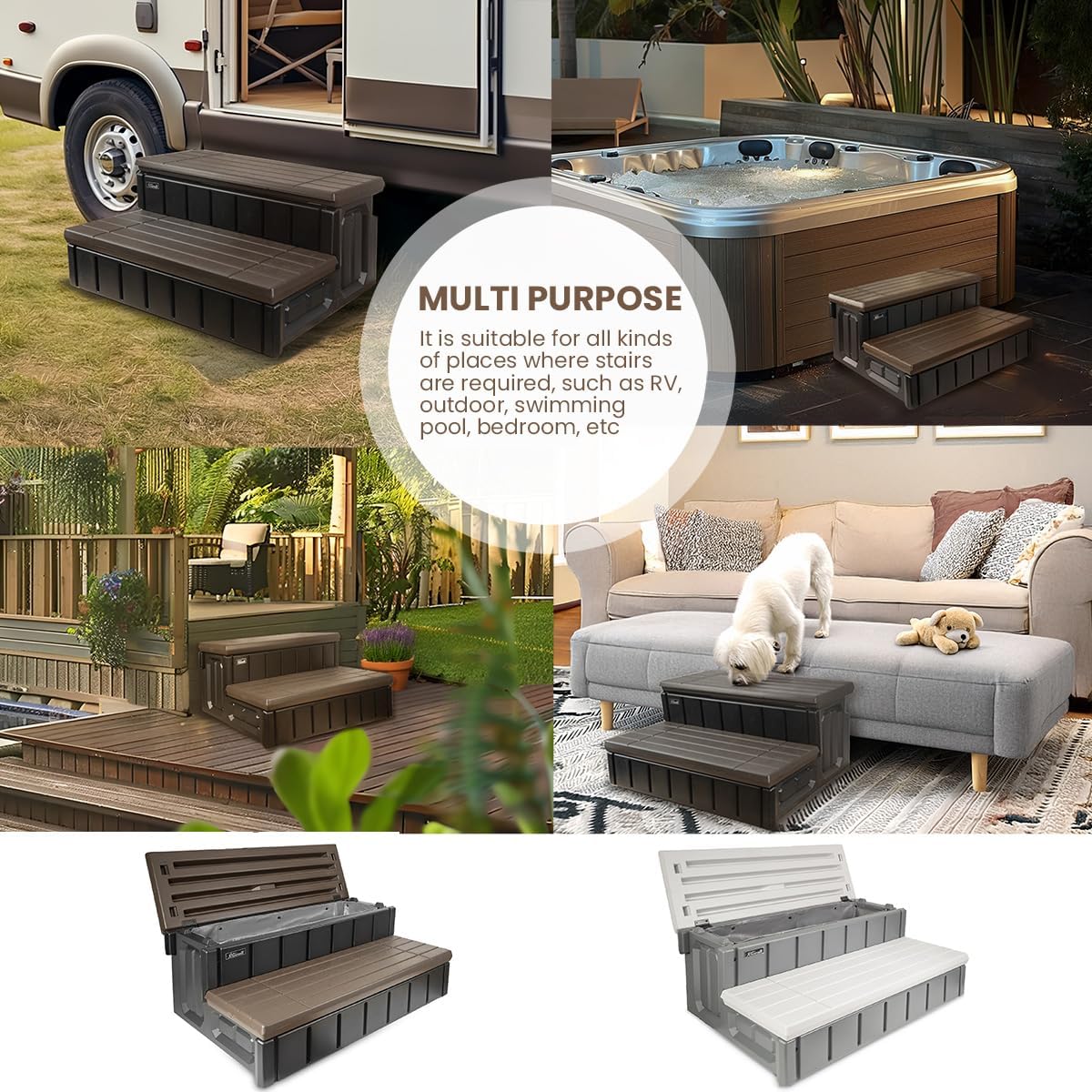 XtremepowerUS Universal Heavy Duty 2-Step Spa & Hot Tub Step Porch Steps with Large Storage Compartment Non-Slip Resistant Step Stairs, Grey