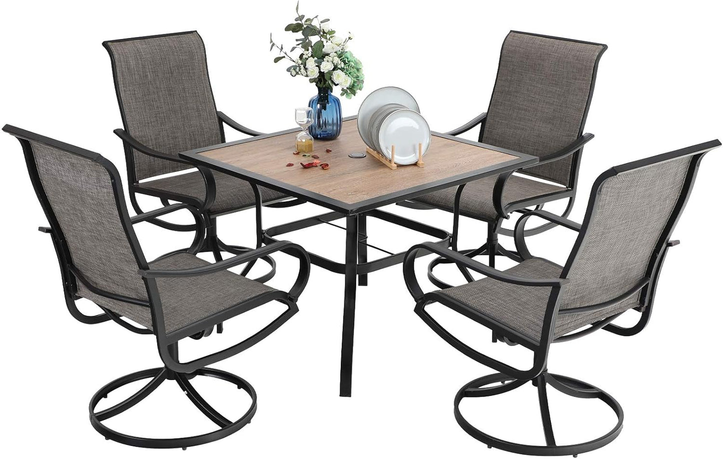 PHI VILLA 5 Piece Patio Dining Set with 4 Outdoor Swivel Dining Chairs & 1 Large Round Dining Table, All Weather Blue Textilene Mesh Fabric Chair and Round Metal Table for Deck Lawn Garden