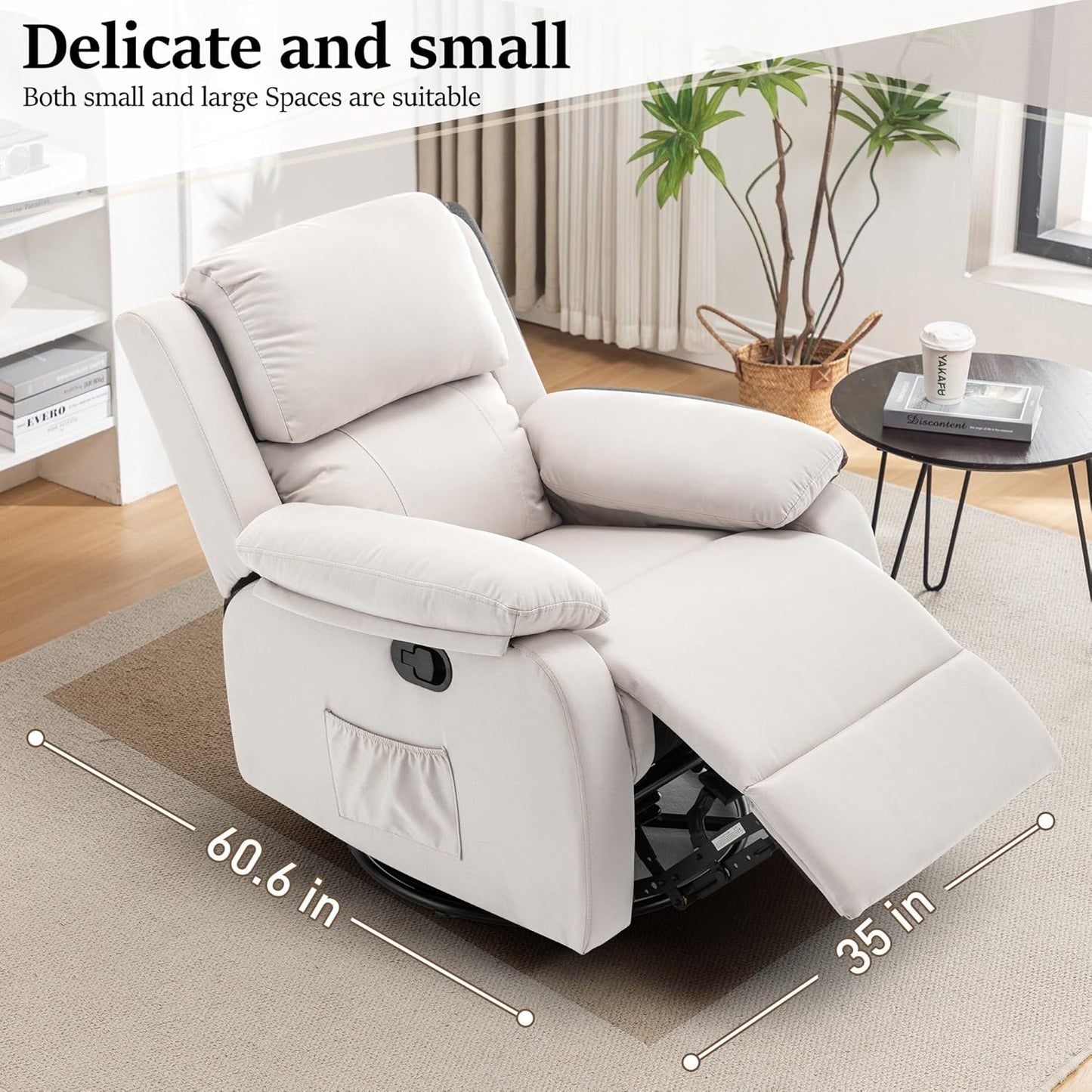 Recliner Chair, 360 Swivel Rocker Chair for Adults, Small Rocking Recliner Chair for Small Spaces, Upholstered Fabric Glider Recliner Nursery Chair with Side Pockets for Living Room, White