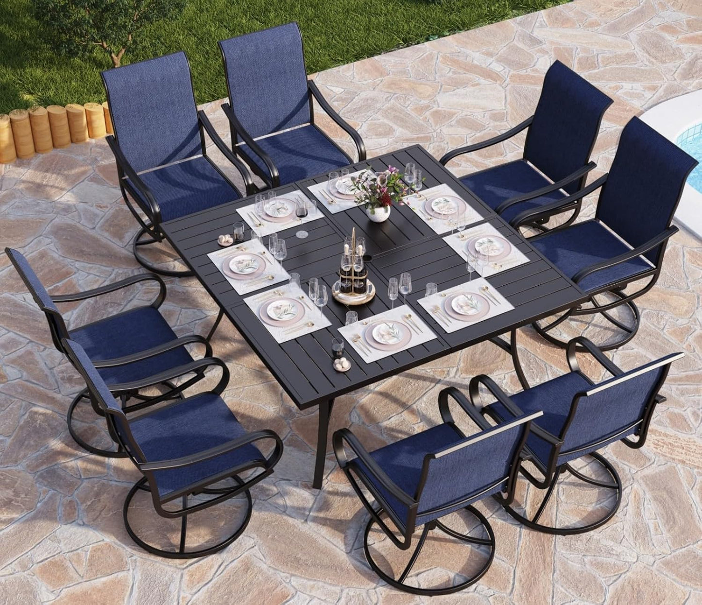 PHI VILLA 5 Piece Patio Dining Set with 4 Outdoor Swivel Dining Chairs & 1 Large Round Dining Table, All Weather Blue Textilene Mesh Fabric Chair and Round Metal Table for Deck Lawn Garden
