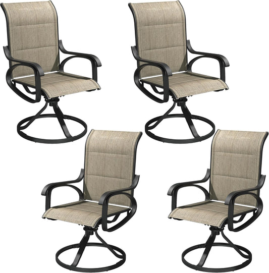 Patio Swivel Chairs Set of 4, All Weather Outdoor Rocking Chair with Textilene Breathable Back, Cotton Padding, Patio Dining Chair for Backyard, Garde, Porch and Deck (4, Brown)